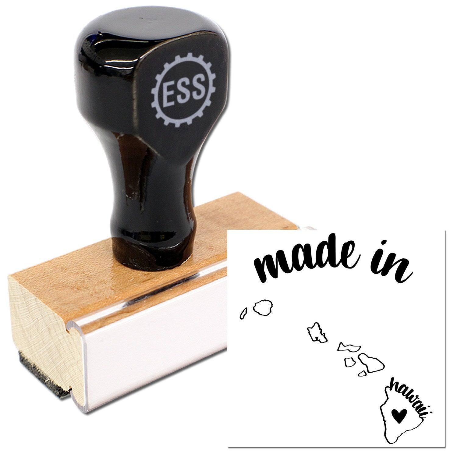 Made with Love in Hawaii Rubber Stamp featuring a wooden handle and black rubber design, showcasing the phrase 'made in Hawaii' with a map outline. Perfect for crafts and gifts.