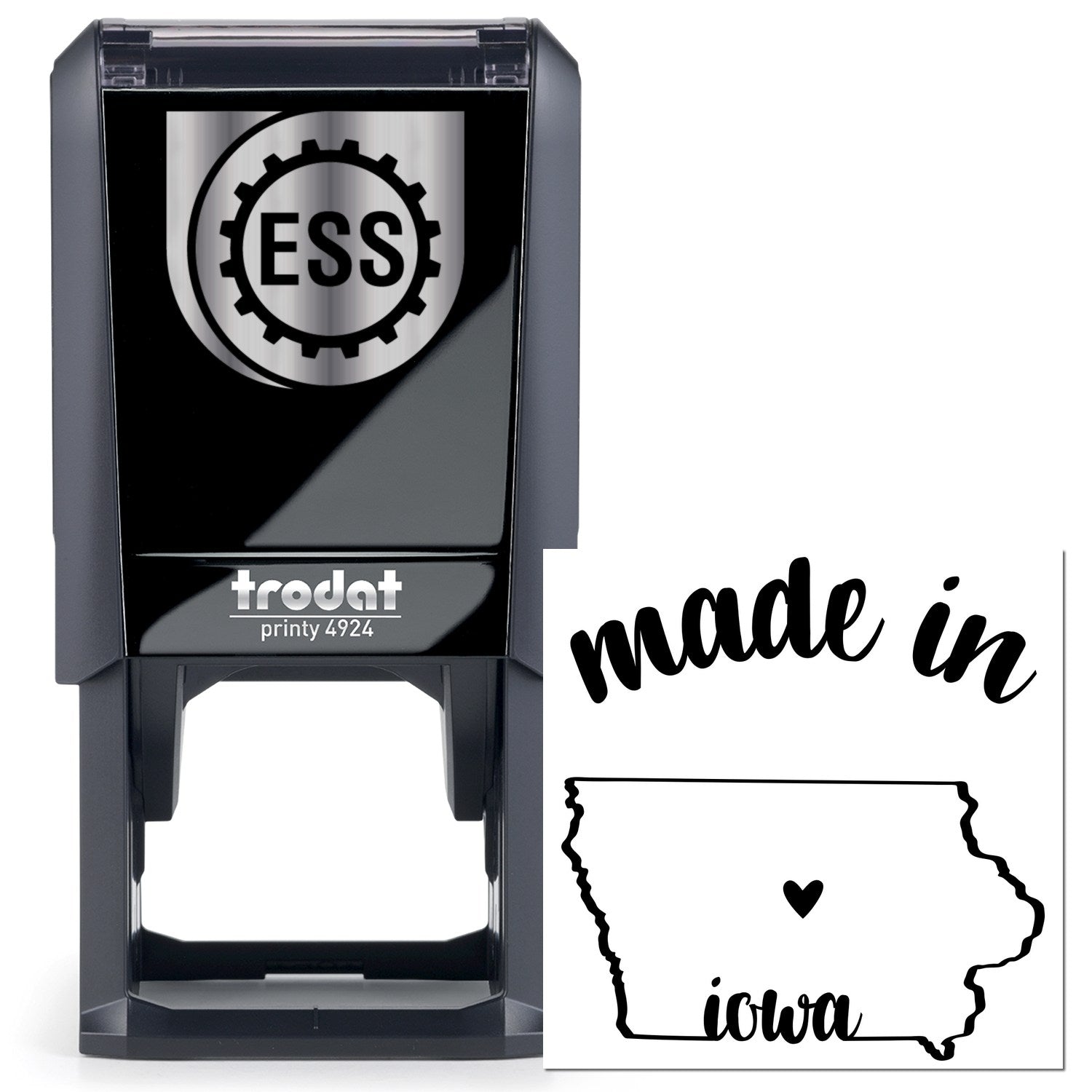 Self-Inking Handmade with Love in Iowa Stamp featuring a sleek black design with ESS logo, perfect for adding a personal touch to crafts. Durable and easy to use.