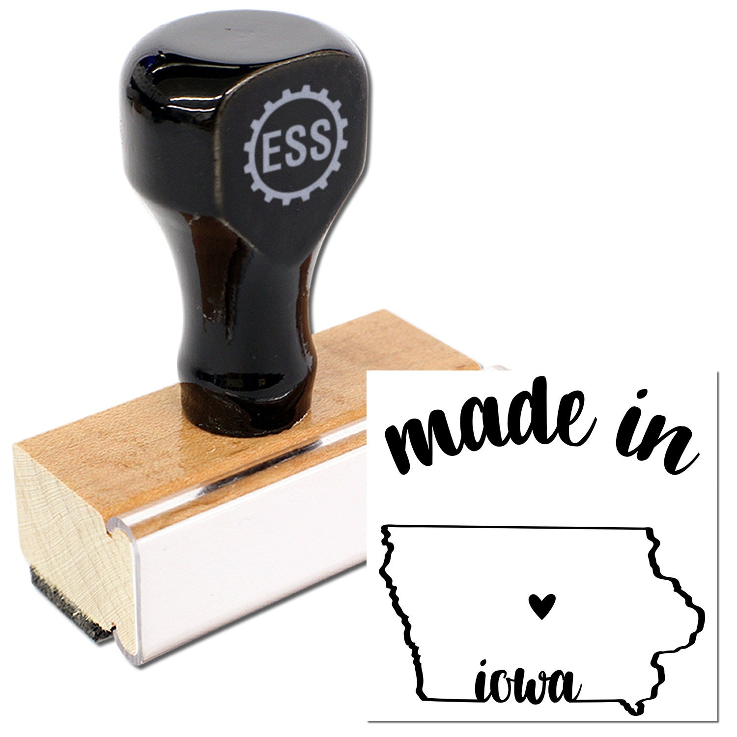 Made with Love in Iowa Rubber Stamp featuring a wooden handle and black rubber design, showcasing the phrase 'made in Iowa' with a heart and state outline.