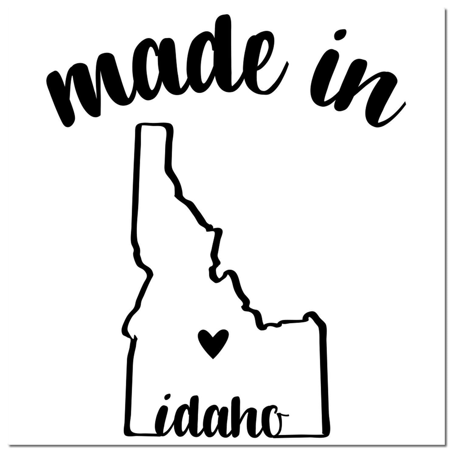 Made with Love in Idaho Rubber Stamp featuring a black outline of Idaho with a heart symbol, and stylish 'made in Idaho' text above and below. Perfect for crafts and gifts.