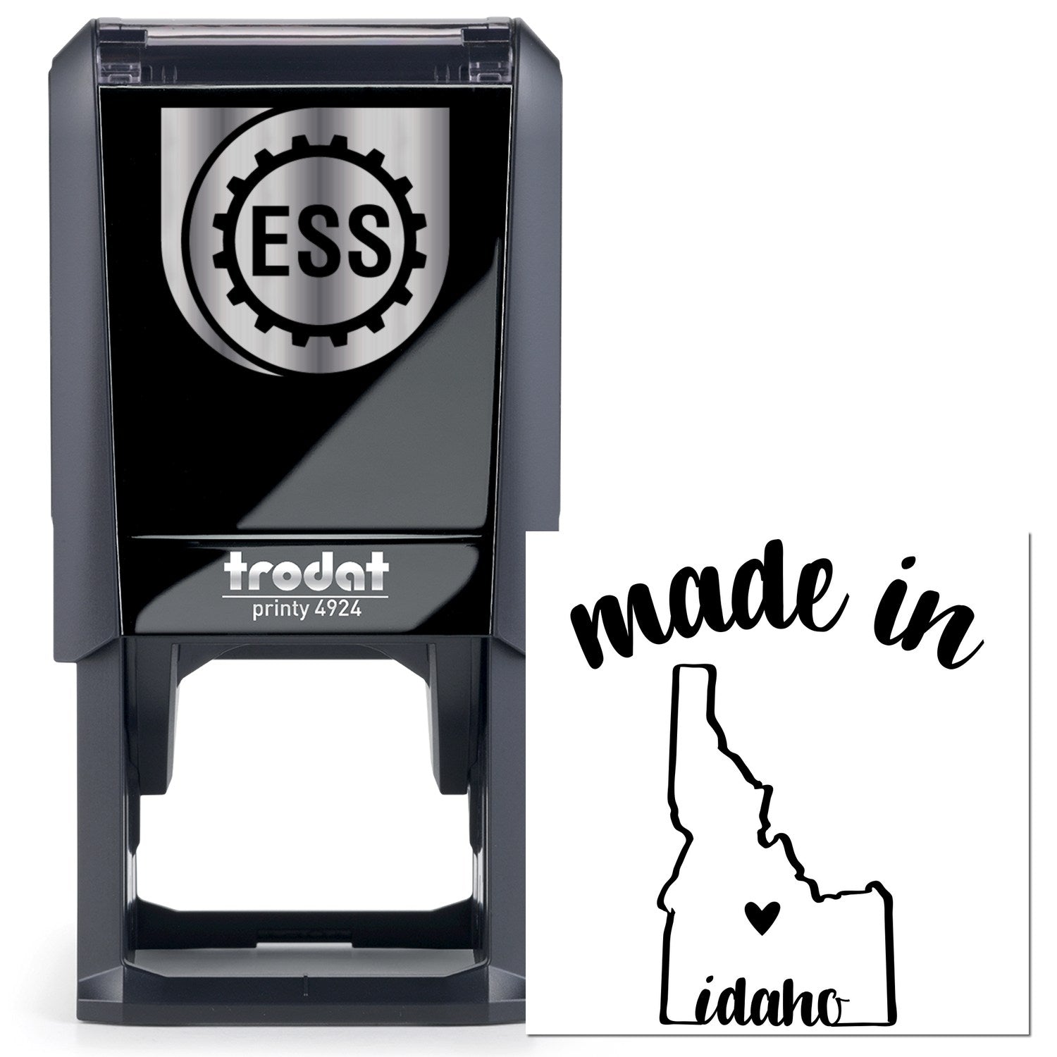 Self-Inking Handmade with Love in Idaho Stamp featuring a sleek black design with ESS logo, perfect for adding a personal touch to crafts and gifts.