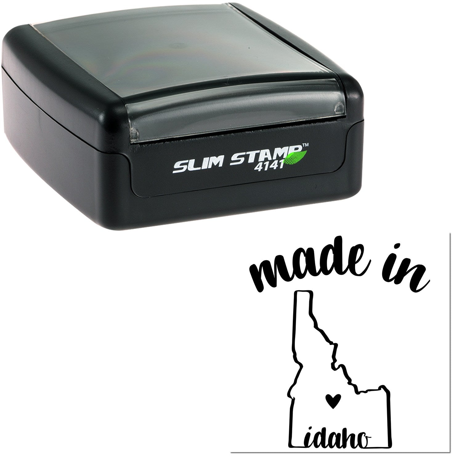 Slim Pre-Inked Stamp Idaho Made in Stamp, featuring a sleek black design with 'Made in Idaho' imprint and state outline. Ideal for personalized stamping needs.