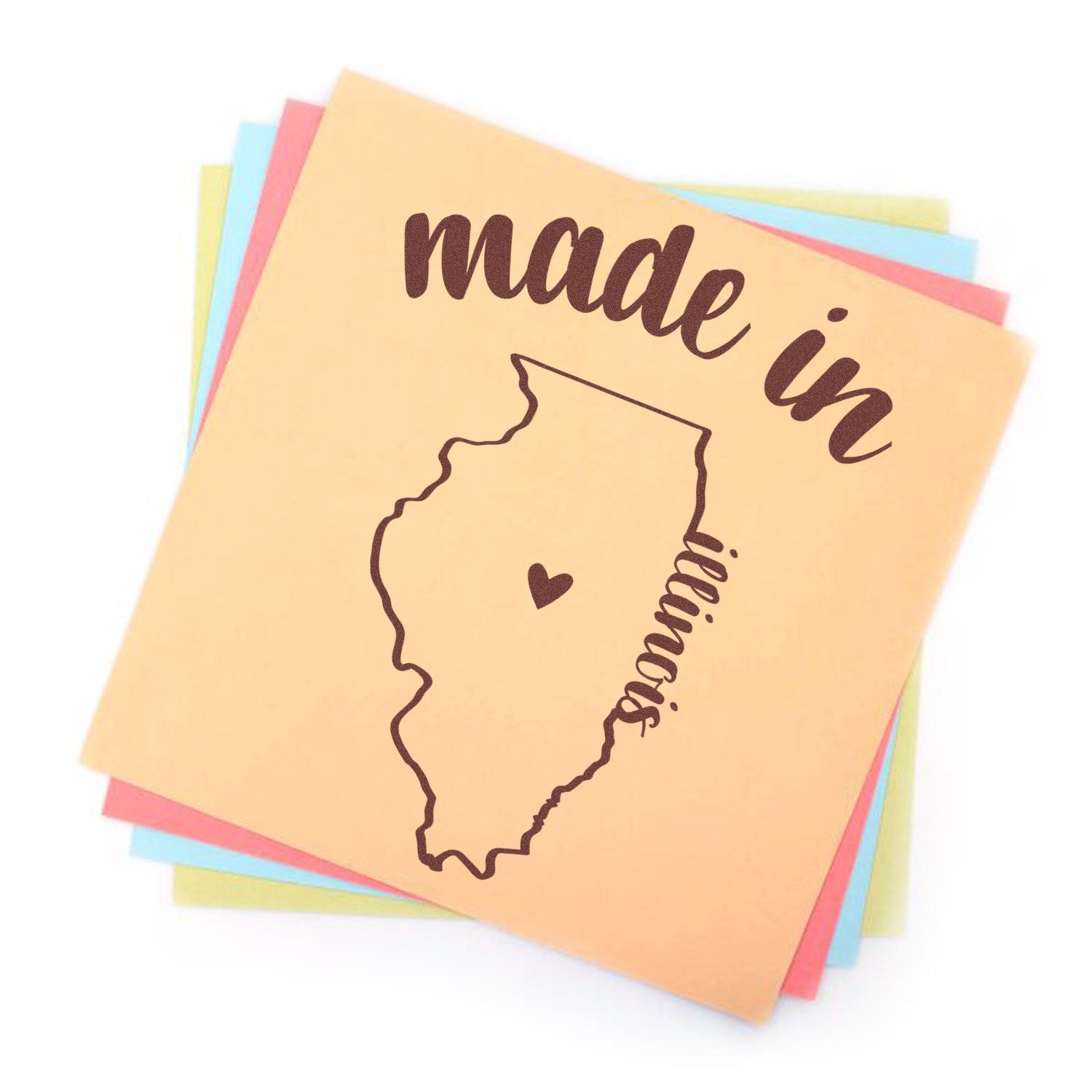 Made in Illinois Stamp Pre-Inked featuring a heart within the state outline and 'made in' text, displayed on colorful paper background.