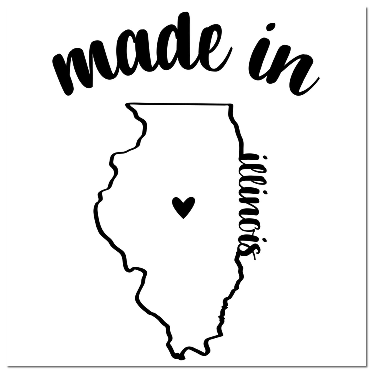 Self-Inking Handmade with Love in Illinois Stamp featuring a black outline of Illinois with a heart, and the text made in Illinois. Perfect for crafts and personalized projects.