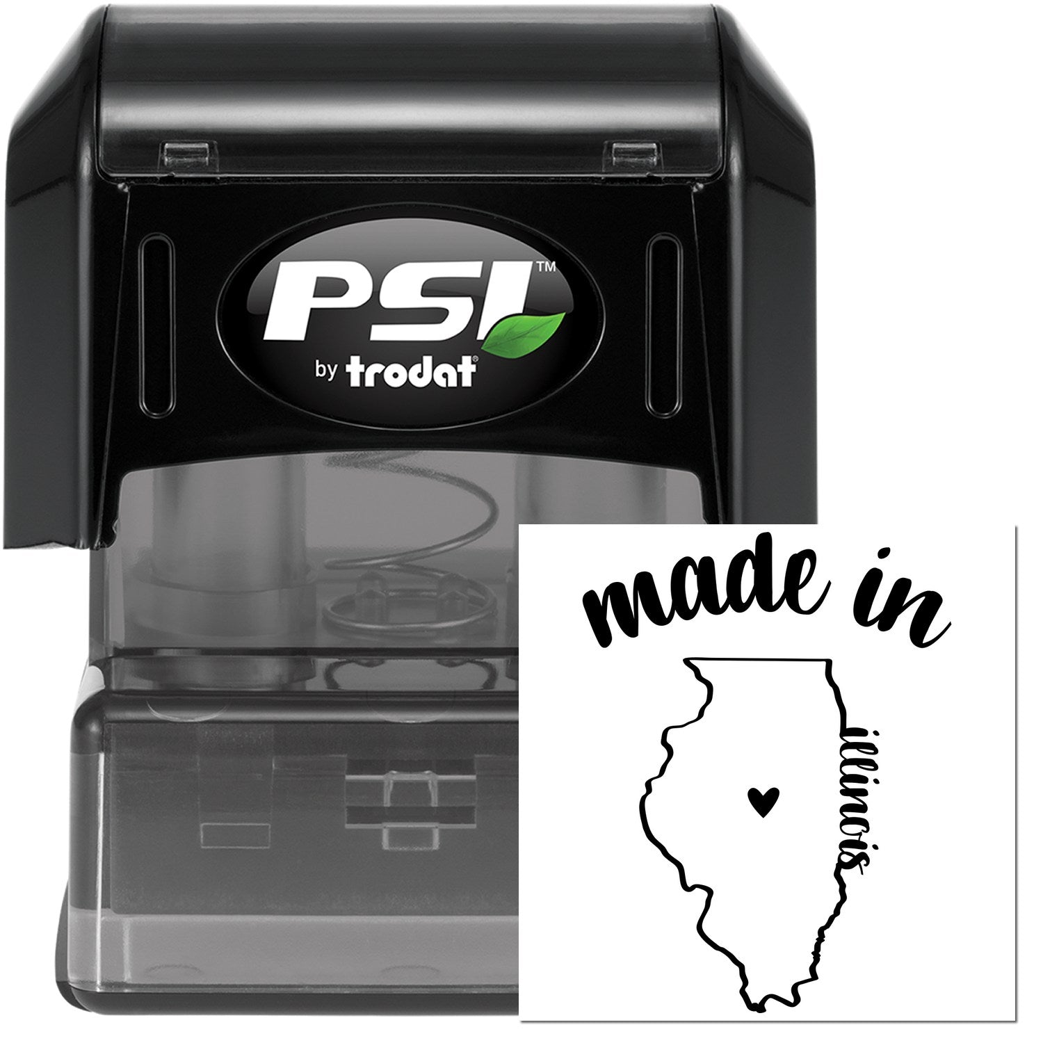 Made in Illinois Stamp Pre-Inked, featuring a black casing with 'PSI by Trodat' logo and a stamp design of Illinois state outline with 'made in' text. Perfect for crafts and business use.