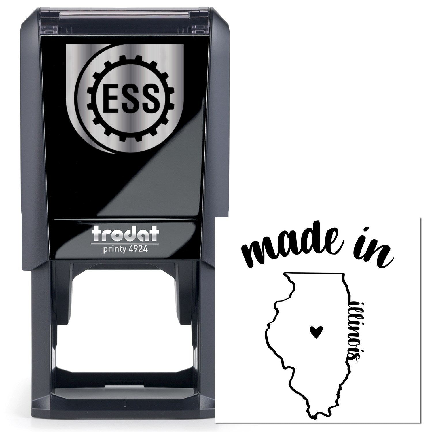 Self-Inking Handmade with Love in Illinois Stamp featuring a sleek black design with ESS logo, perfect for adding a personal touch to crafts and gifts.