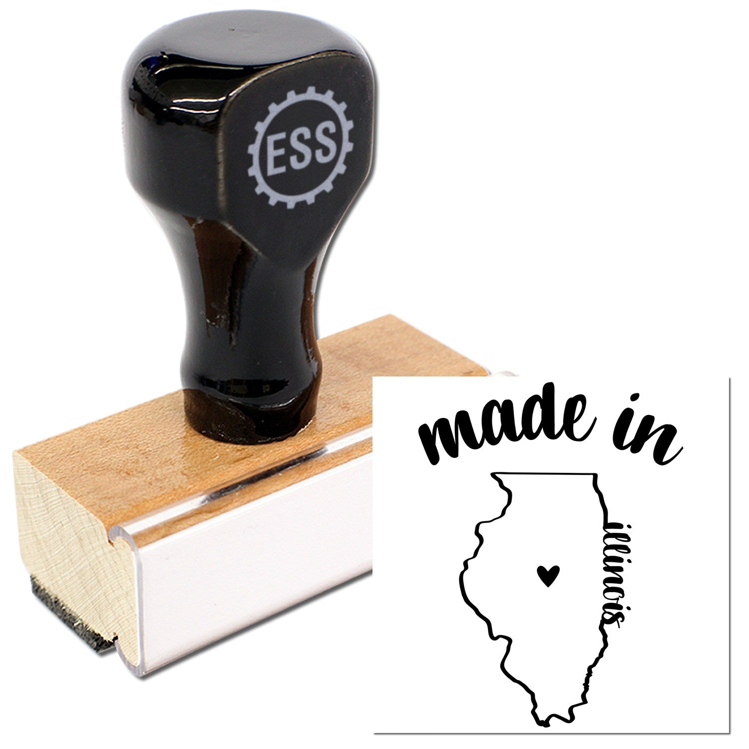 Made with Love in Illinois Rubber Stamp featuring a wooden handle and black design with Illinois state outline and heart. Perfect for crafts and personalized projects.