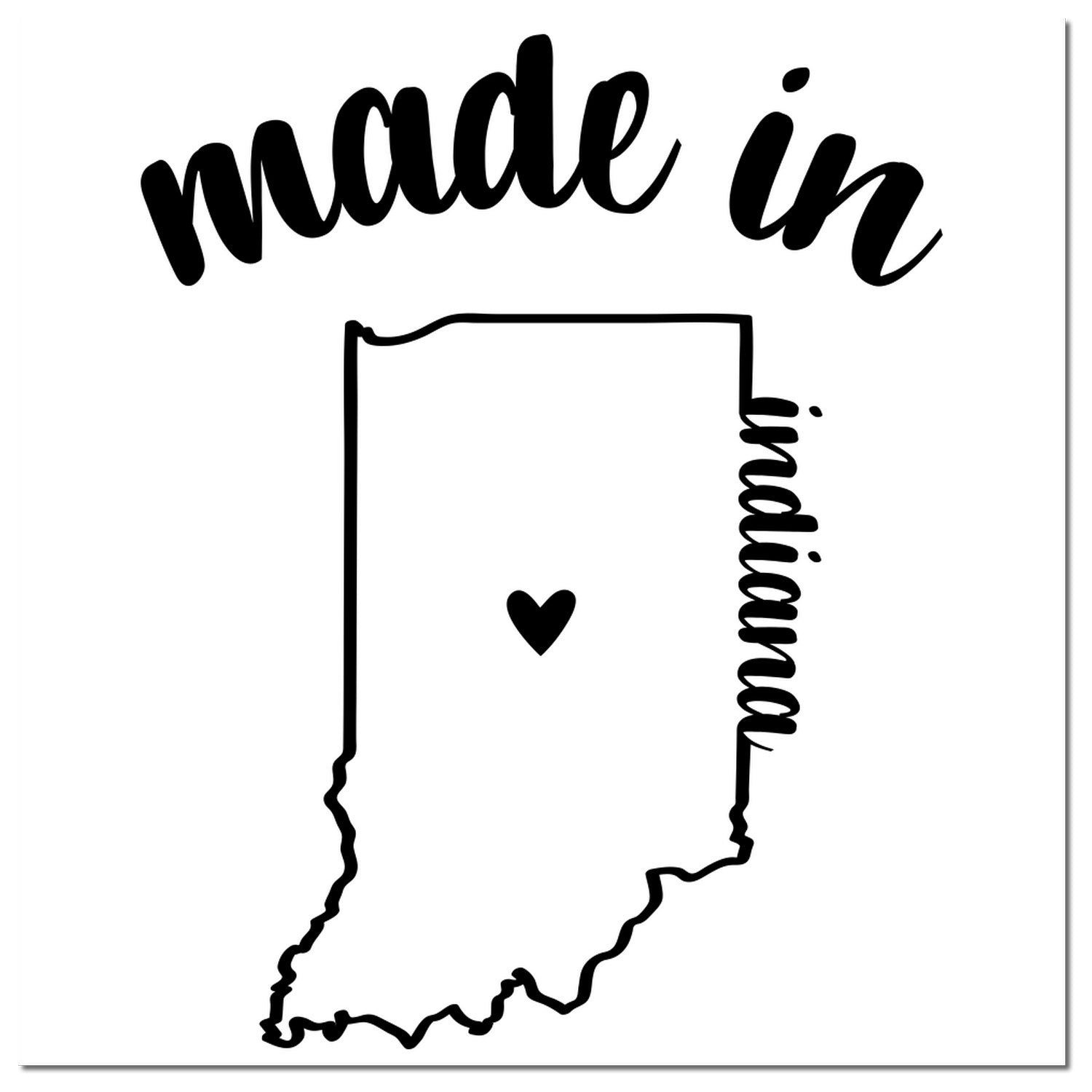 Made with Love in Indiana Rubber Stamp featuring a heart inside the state outline with 'made in' and 'Indiana' text in black. Perfect for crafts and personalized projects.