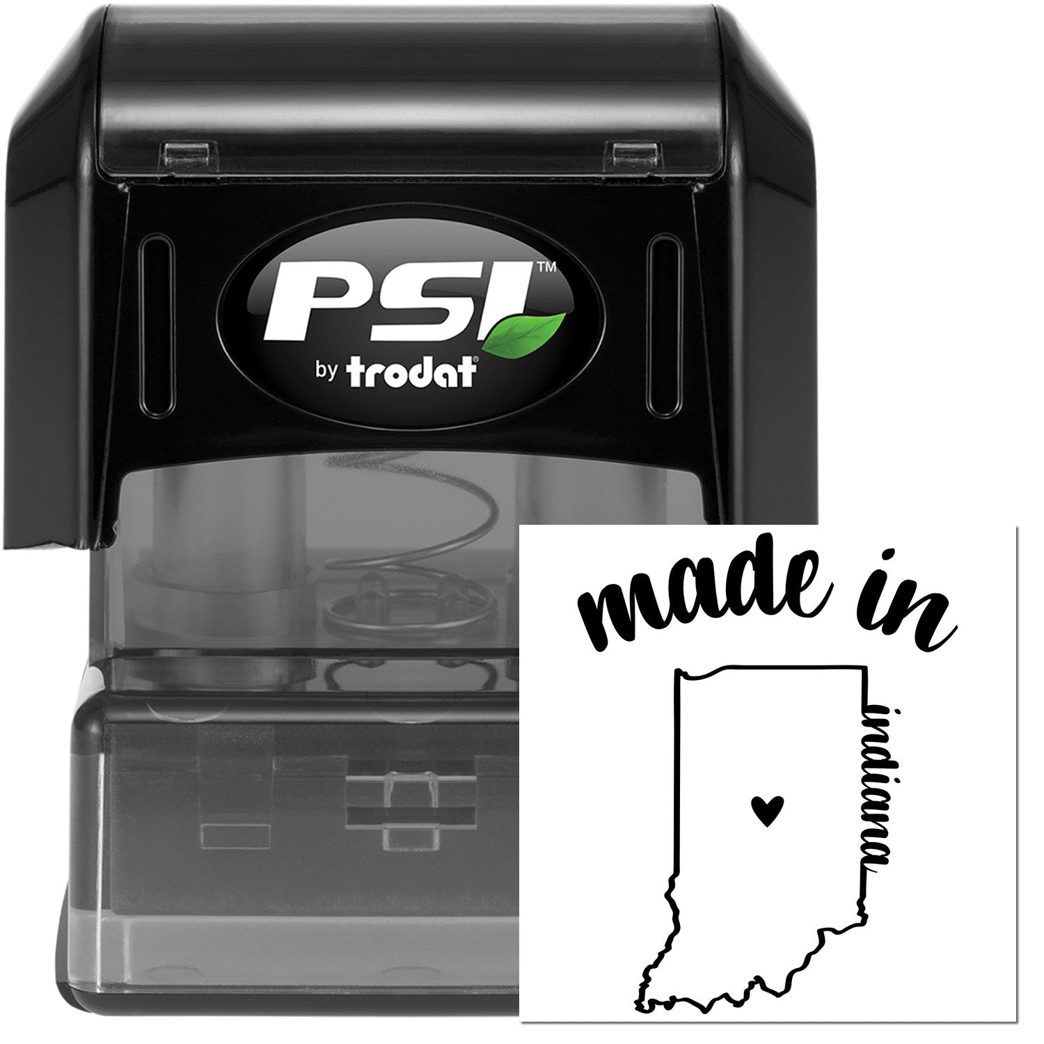 Made in Indiana Stamp Pre-Inked, featuring a black casing with 'PSI by Trodat' logo, and a stamp design of Indiana's outline with 'made in' text and a heart symbol.