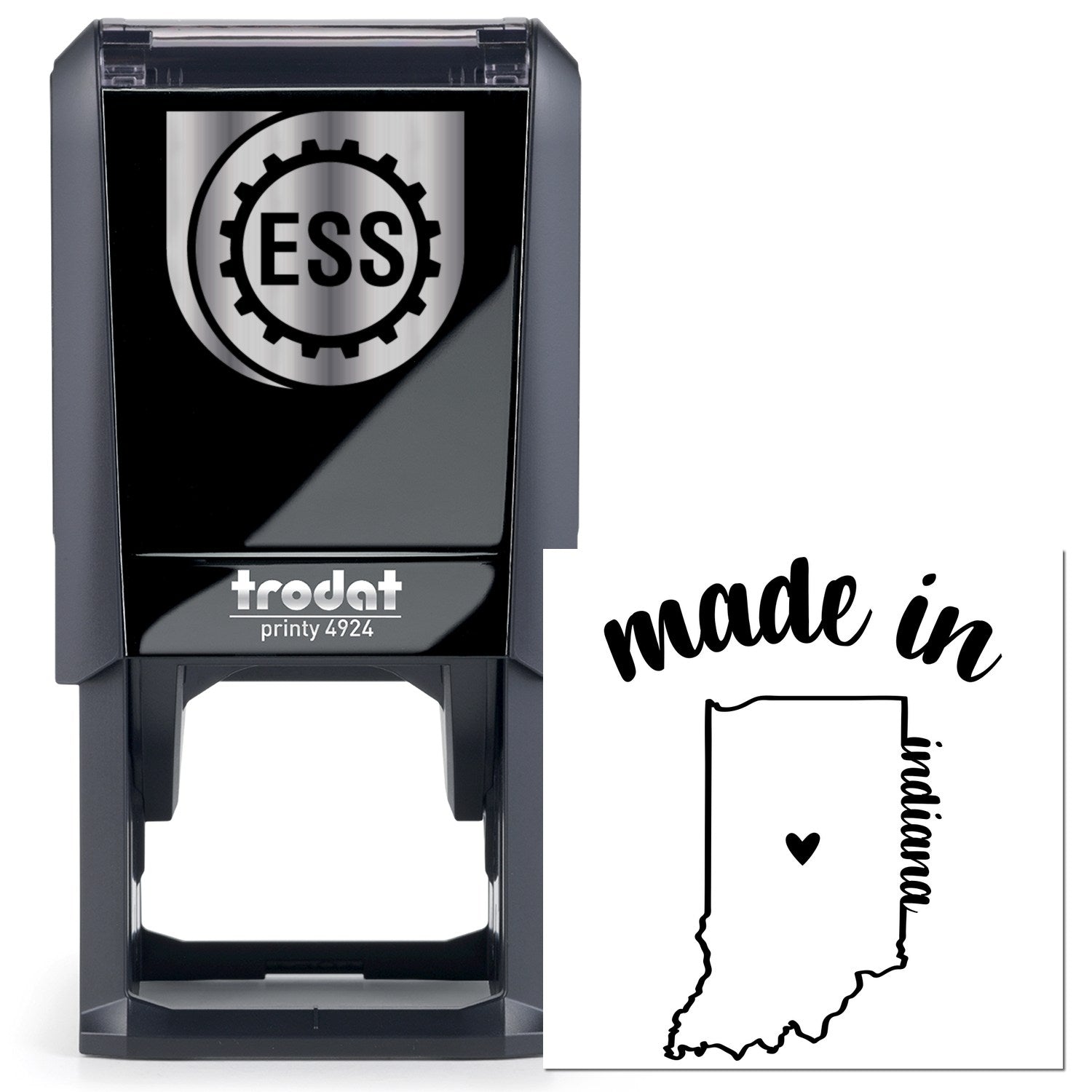 Self-Inking Handmade with Love in Indiana Stamp featuring a sleek black design with ESS logo. Perfect for adding a personal touch to crafts and gifts.