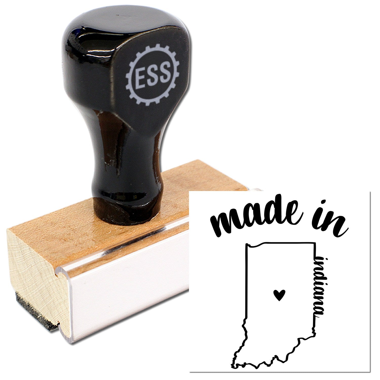 Made with Love in Indiana Rubber Stamp featuring a wooden handle and black design, showcasing the state outline with a heart. Perfect for crafts and personalized projects.