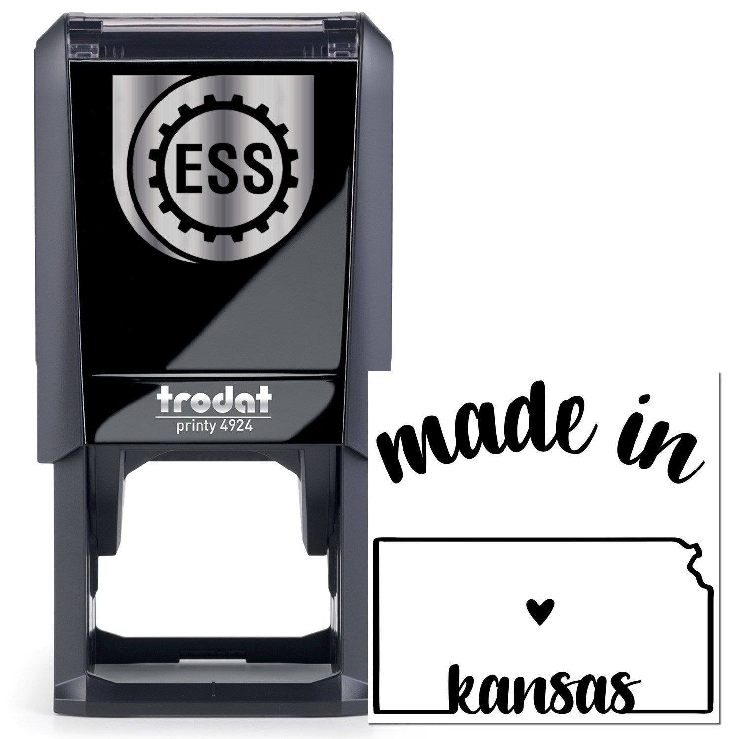 Self-Inking Handmade with Love in Kansas Stamp featuring a sleek black design with ESS logo, perfect for adding a personal touch to crafts and stationery.