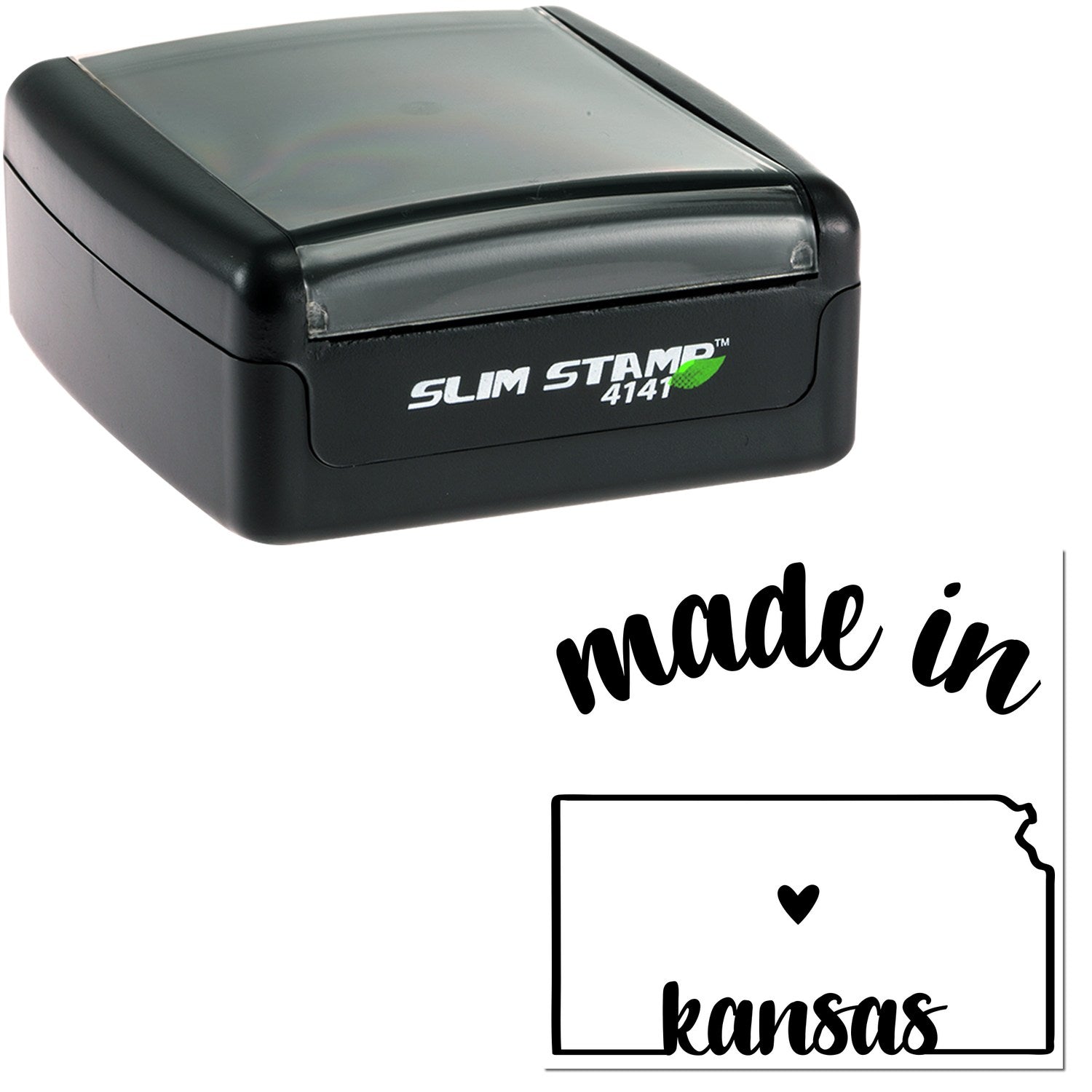 Slim Pre-Inked Stamp Kansas Made in Stamp, black casing, compact design, with 'Made in Kansas' imprint featuring a heart and state outline.