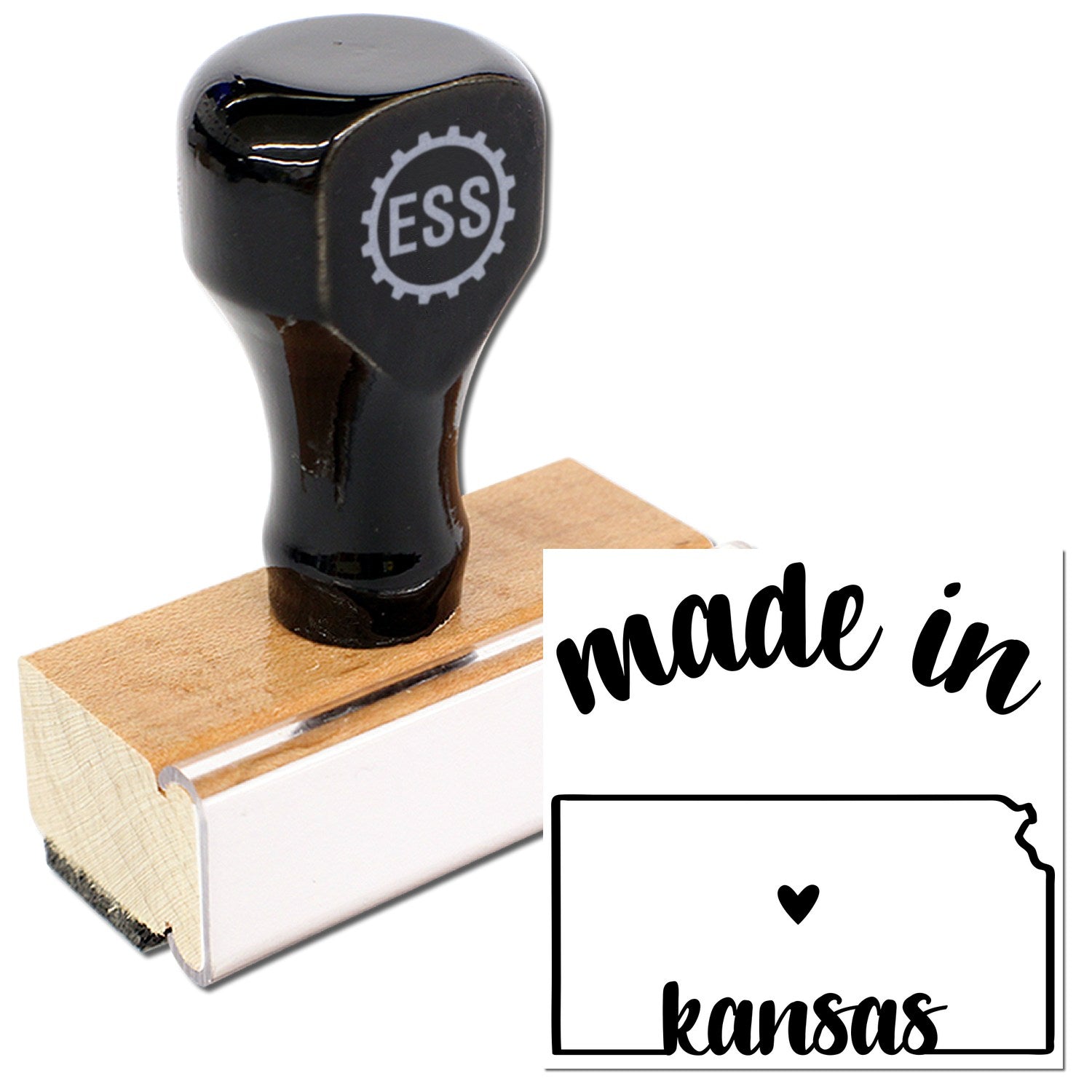 Made with Love in Kansas Rubber Stamp featuring a wooden handle and black rubber design, showcasing 'made in kansas' with a heart and state outline. Perfect for crafts and gifts.