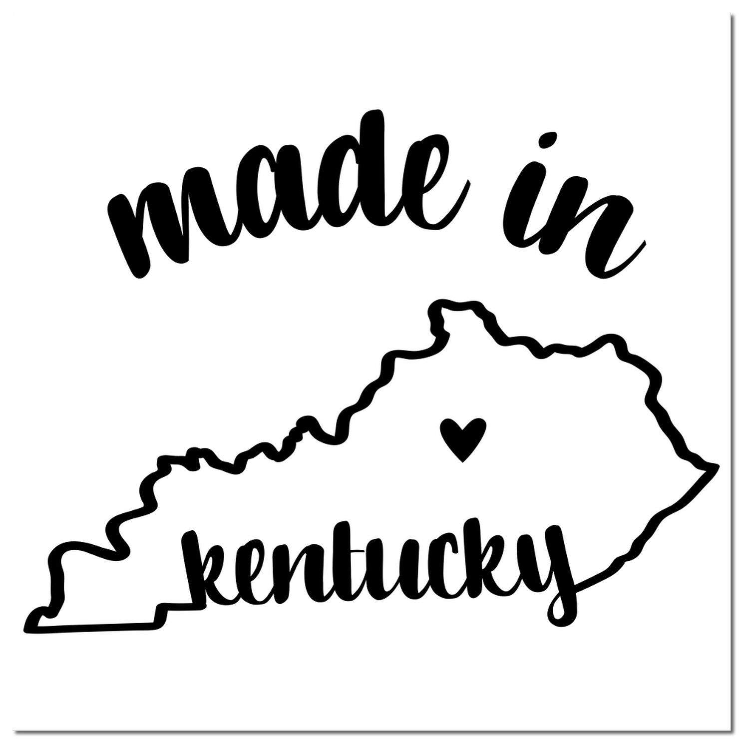 Made with Love in Kentucky Rubber Stamp featuring a black outline of Kentucky with 'made in' and 'Kentucky' text, and a heart symbol. Perfect for crafts and gifts.