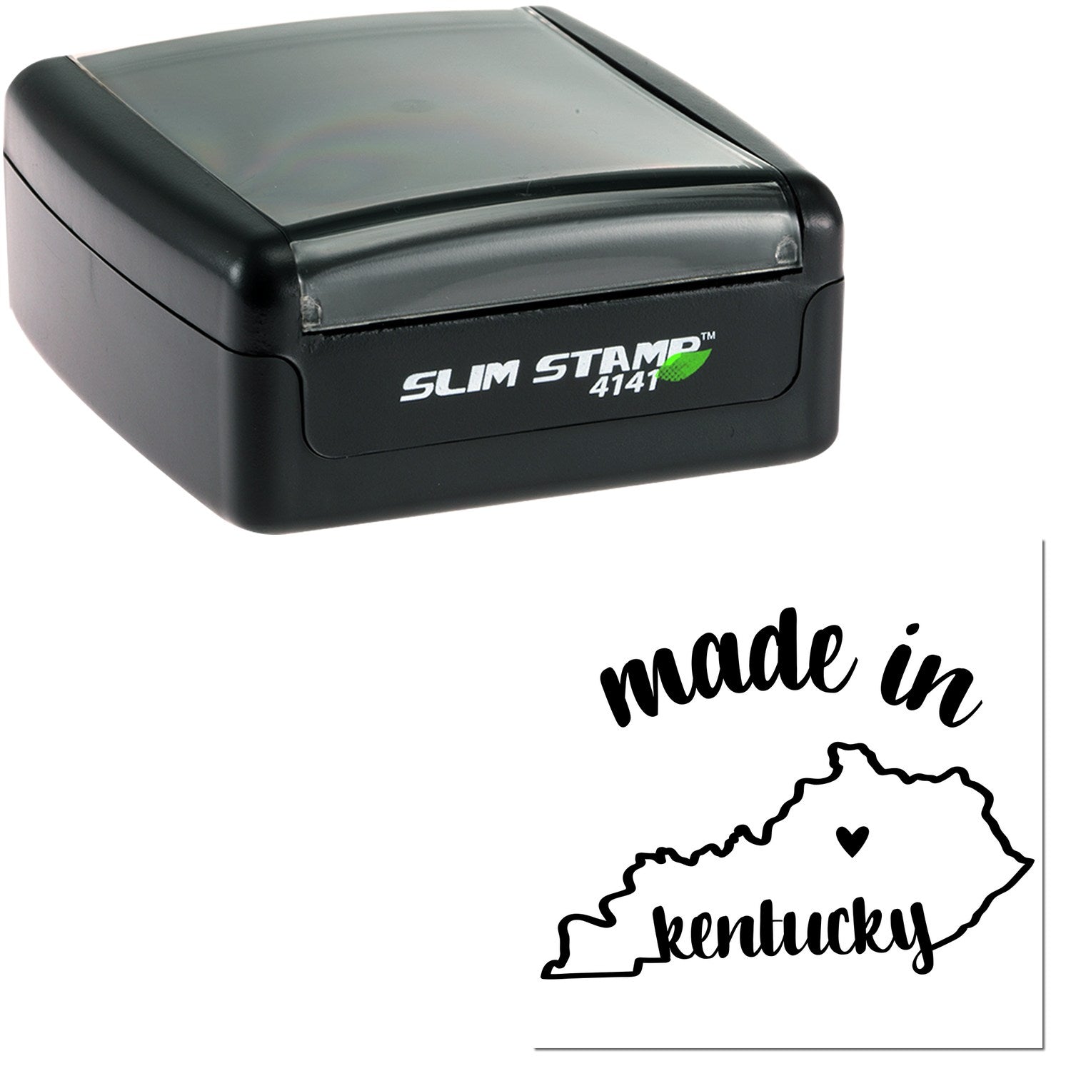 Slim Pre-Inked Stamp Kentucky Made in Stamp, featuring a compact black design with 'Slim Stamp 4141' branding and a 'made in Kentucky' imprint with state outline and heart.