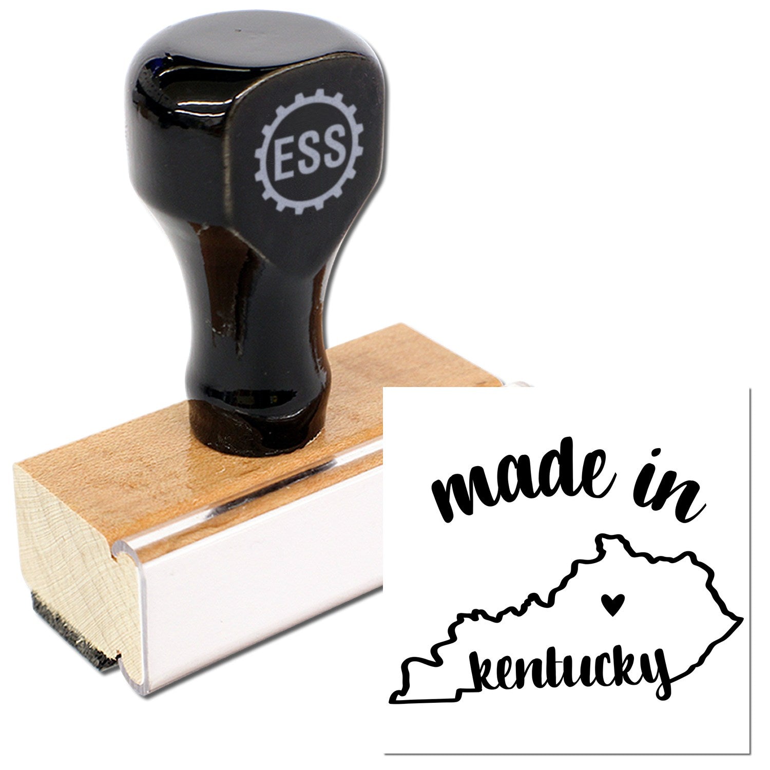 Made with Love in Kentucky Rubber Stamp featuring a wooden handle and black rubber design, showcasing the phrase 'made in Kentucky' with a heart and state outline.