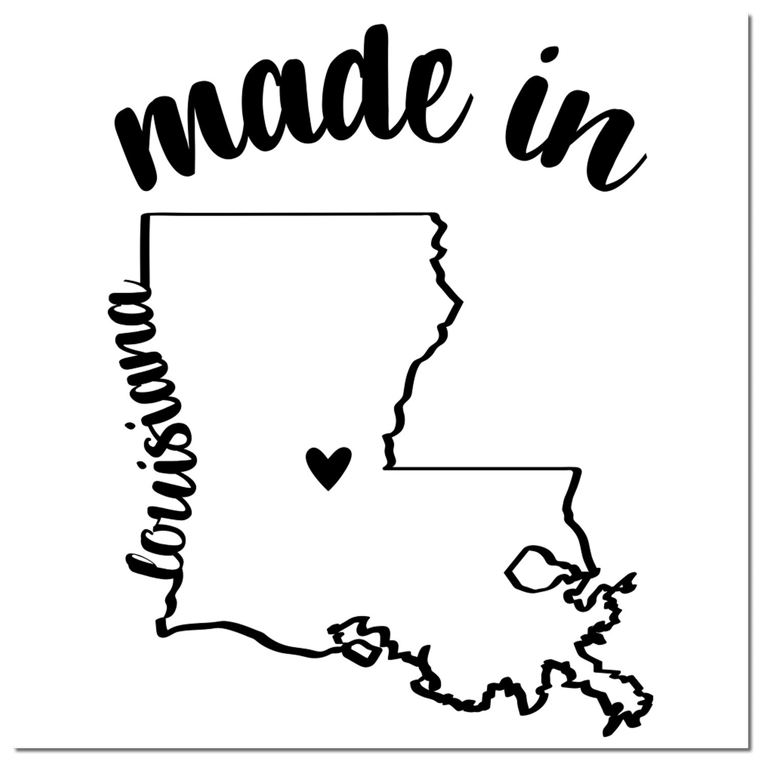 Self-Inking Handmade with Love in Louisiana Stamp featuring a heart within the state outline and stylish script. Perfect for crafts and gifts. Black ink imprint.