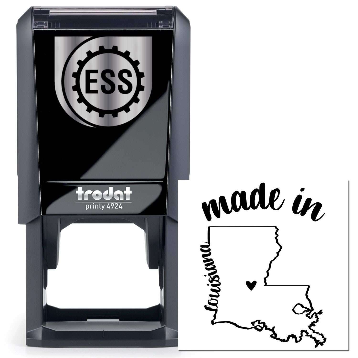 Self-Inking Handmade with Love in Louisiana Stamp featuring a black casing and ESS logo, alongside a made in Louisiana imprint design. Perfect for personalized crafting and gifts.