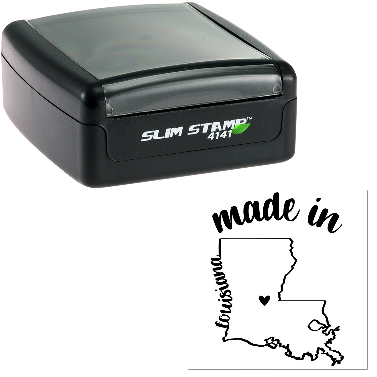 Image of a black Slim Pre-Inked Stamp Louisiana Made in Stamp, featuring a compact design with Slim Stamp 4141 branding and a Louisiana state outline with made in text.