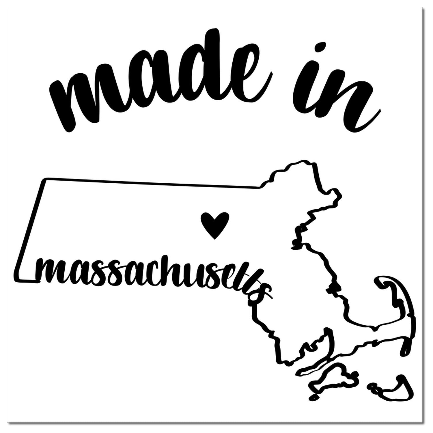 Slim Pre-Inked Stamp Massachusetts Made in Stamp featuring a black outline of Massachusetts with 'made in' text above and 'massachusetts' inside, accented by a heart symbol.