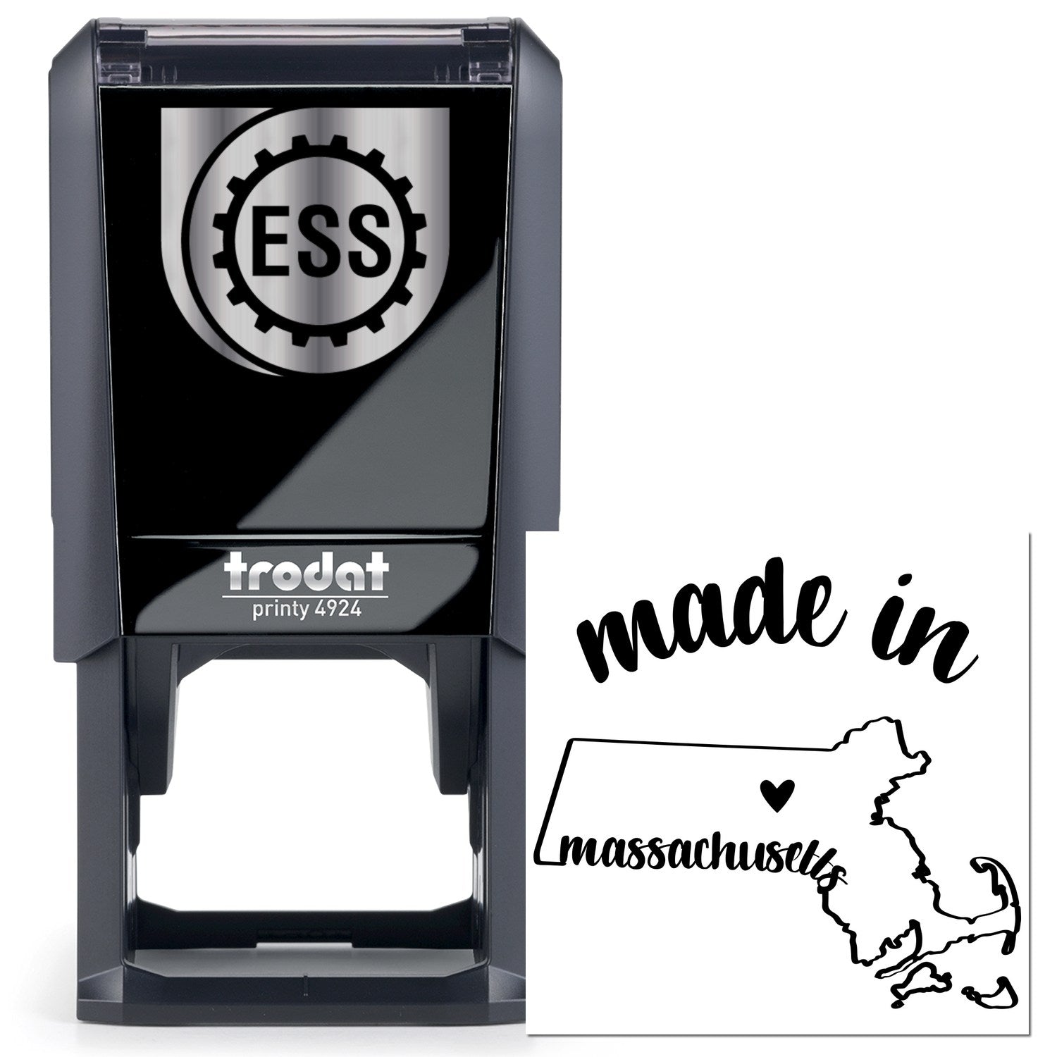 Self-Inking Handmade with Love in Massachusetts Stamp featuring a sleek black design with ESS logo, and a made in Massachusetts imprint. Perfect for personalized crafts and gifts.