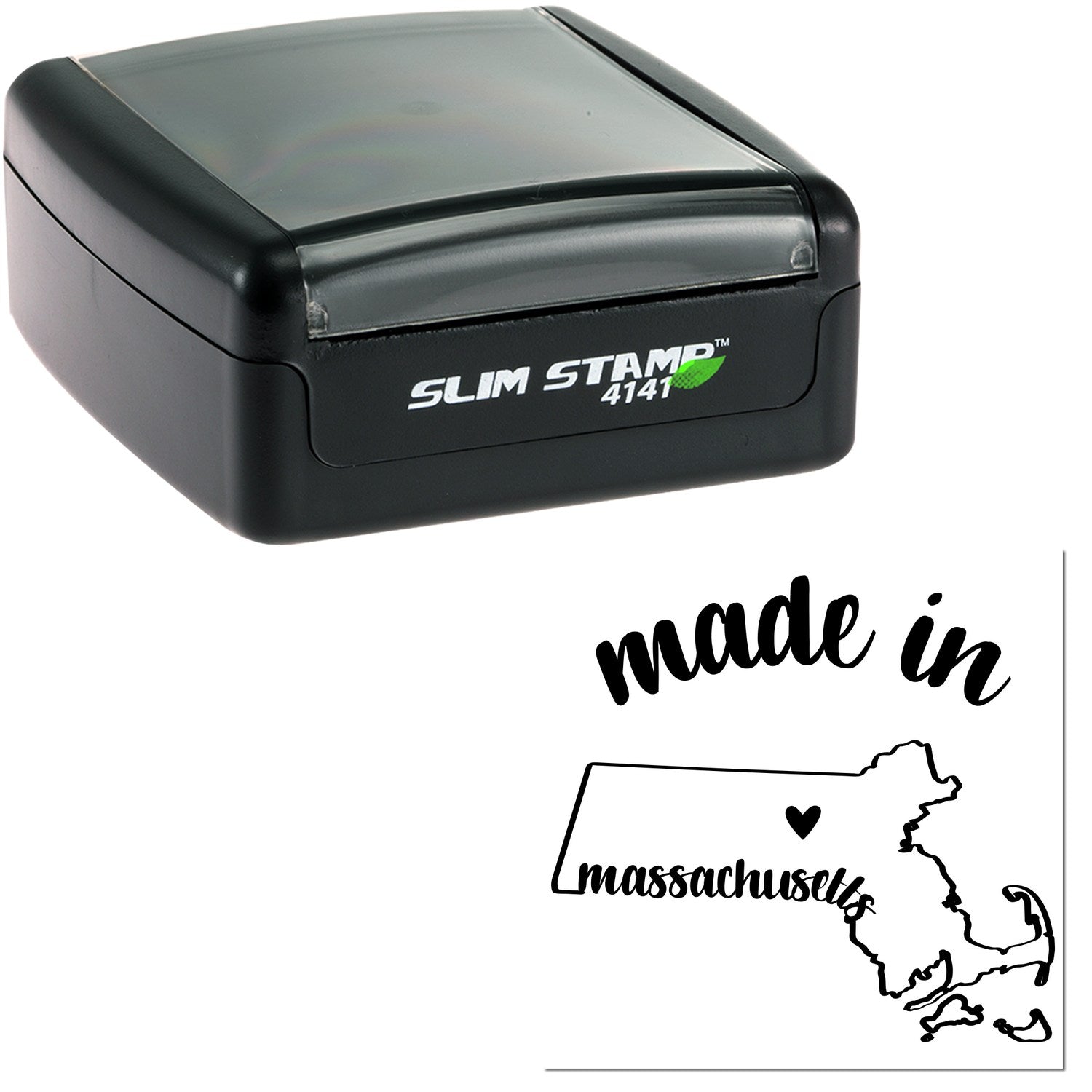 Slim Pre-Inked Stamp Massachusetts Made in Stamp, featuring a sleek black design with Slim Stamp 4141 branding, and a made in Massachusetts imprint with state outline and heart.