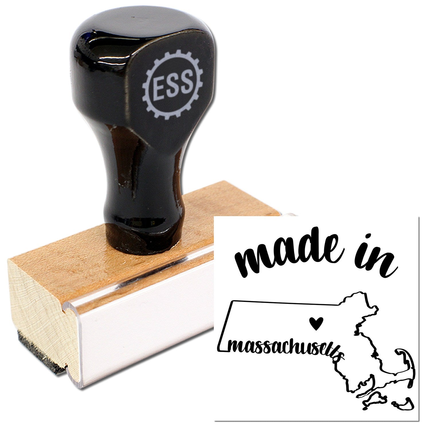 Made with Love in Massachusetts Rubber Stamp featuring a wooden handle and black rubber design, showcasing the state outline with a heart. Perfect for crafts and personalized projects.