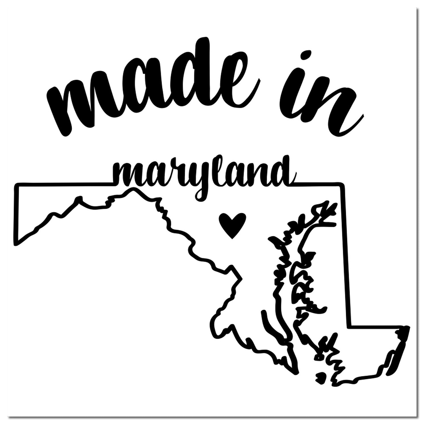 Self-Inking Handmade with Love in Maryland Stamp featuring a black outline of Maryland with a heart, perfect for crafts and gifts.