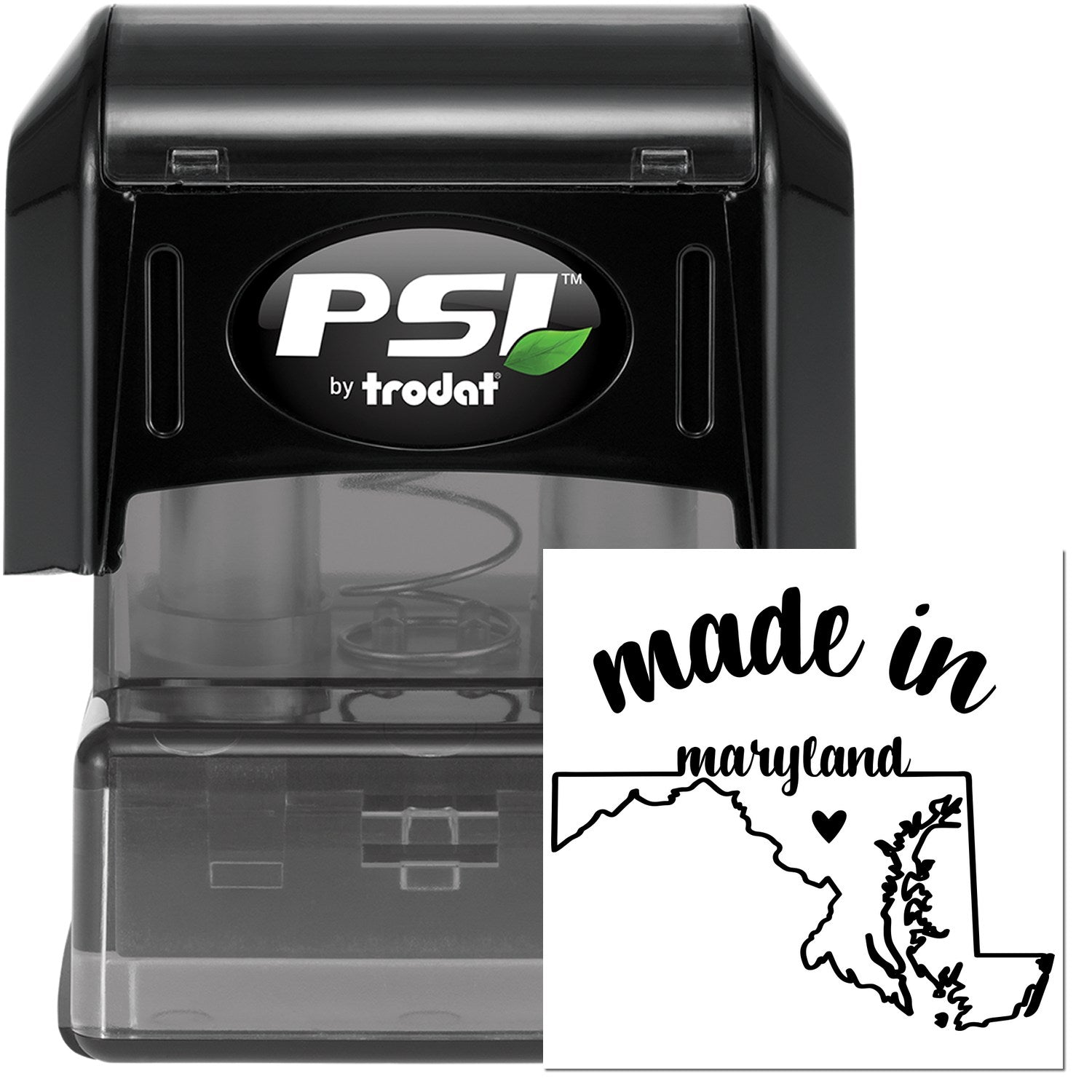 Made in Maryland Stamp Pre-Inked, featuring a black casing with a map outline of Maryland and 'made in Maryland' text, ideal for crafting and business use.