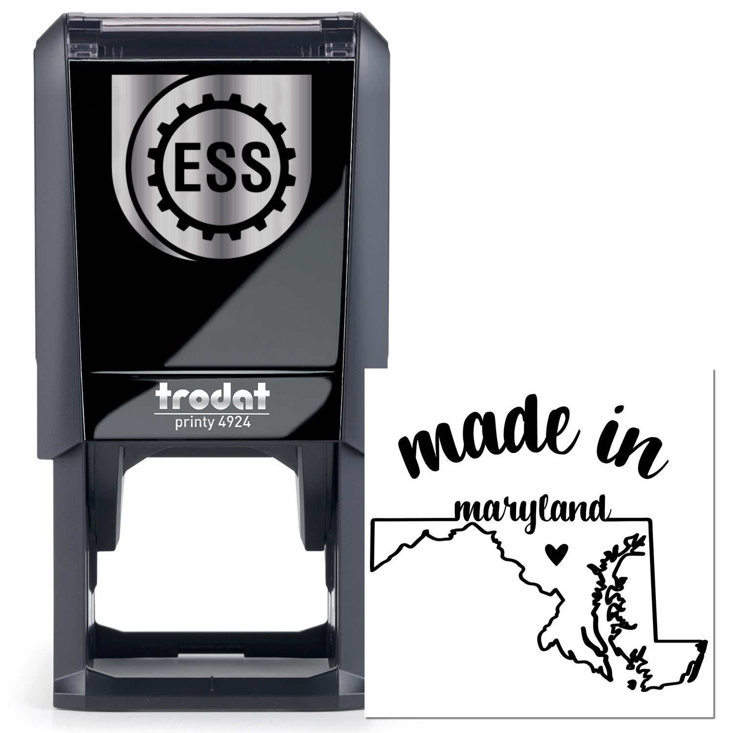 Self-Inking Handmade with Love in Maryland Stamp featuring a sleek black design with ESS logo, map outline, and made in Maryland text. Perfect for personalized stamping needs.