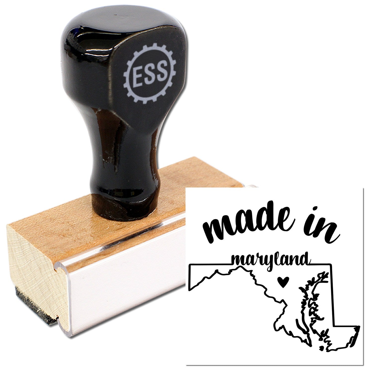 Made with Love in Maryland Rubber Stamp featuring a wooden handle and black top, with a design of Maryland's outline and heart. Perfect for crafts and personalized projects.