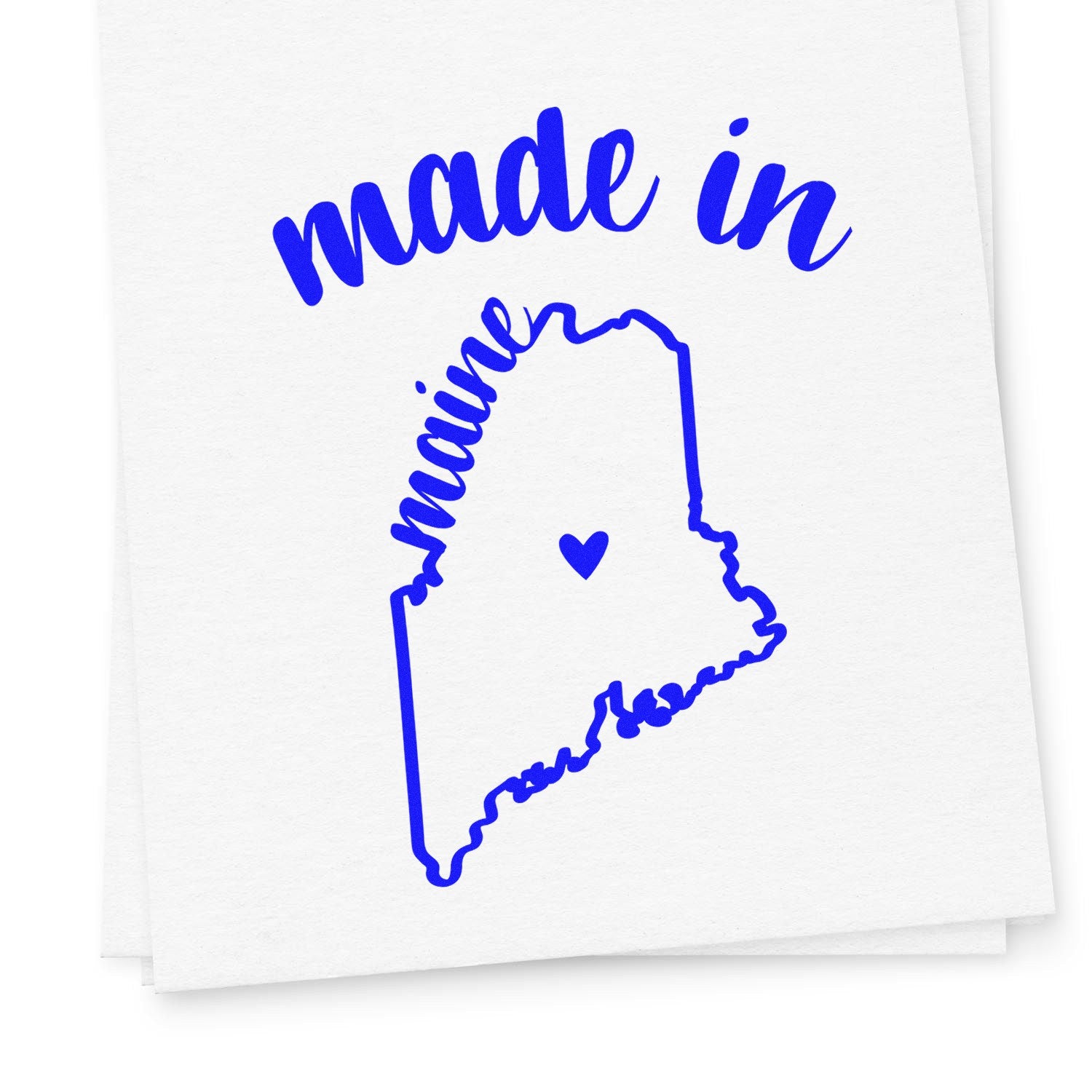 Slim Pre-Inked Stamp Maine Made in Stamp featuring a blue outline of Maine with 'made in' text and heart symbol, perfect for adding a personal touch to crafts and stationery.