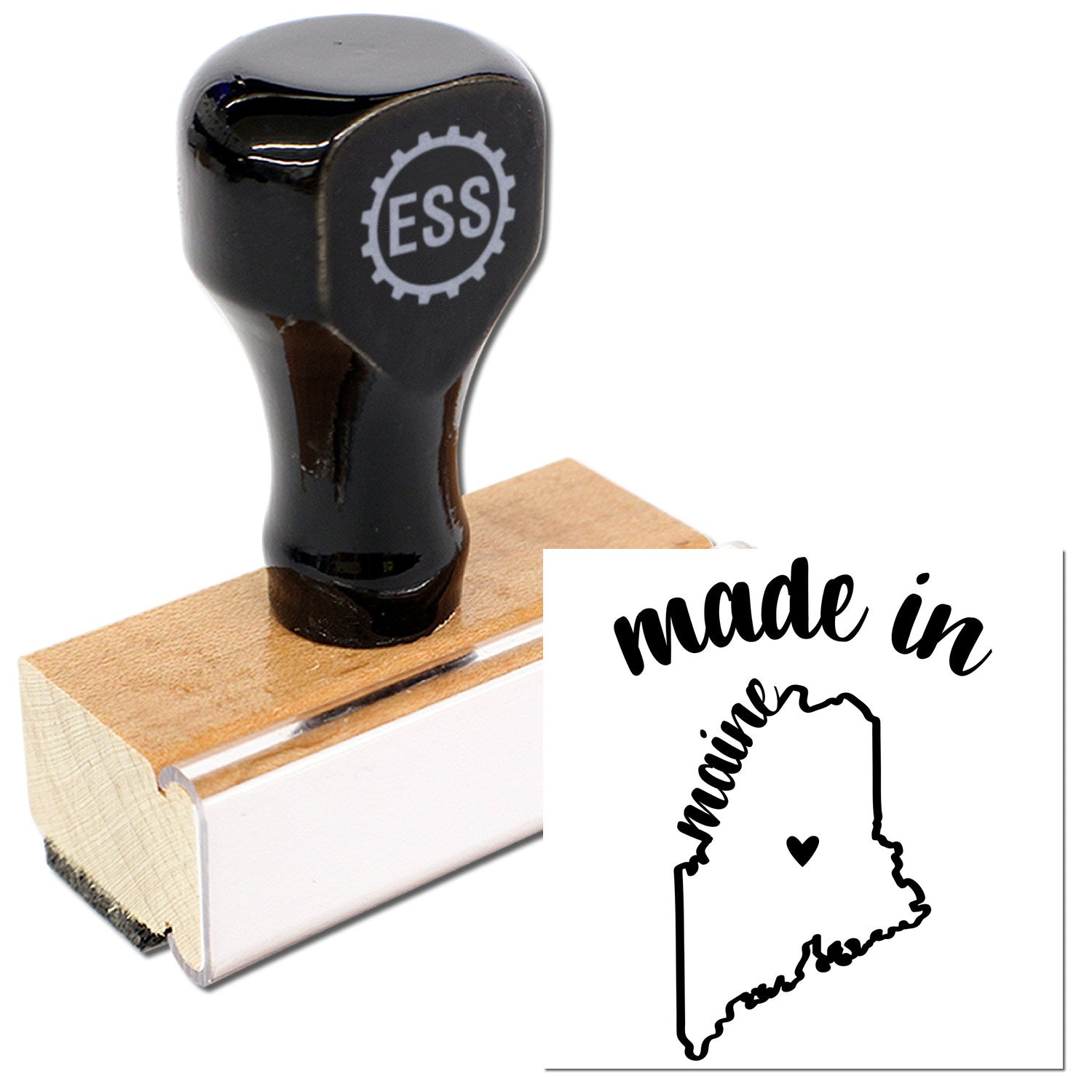 Made with Love in Maine Rubber Stamp featuring a wooden handle and black rubber design, showcasing the outline of Maine with 'made in' text. Perfect for crafts and gifts.