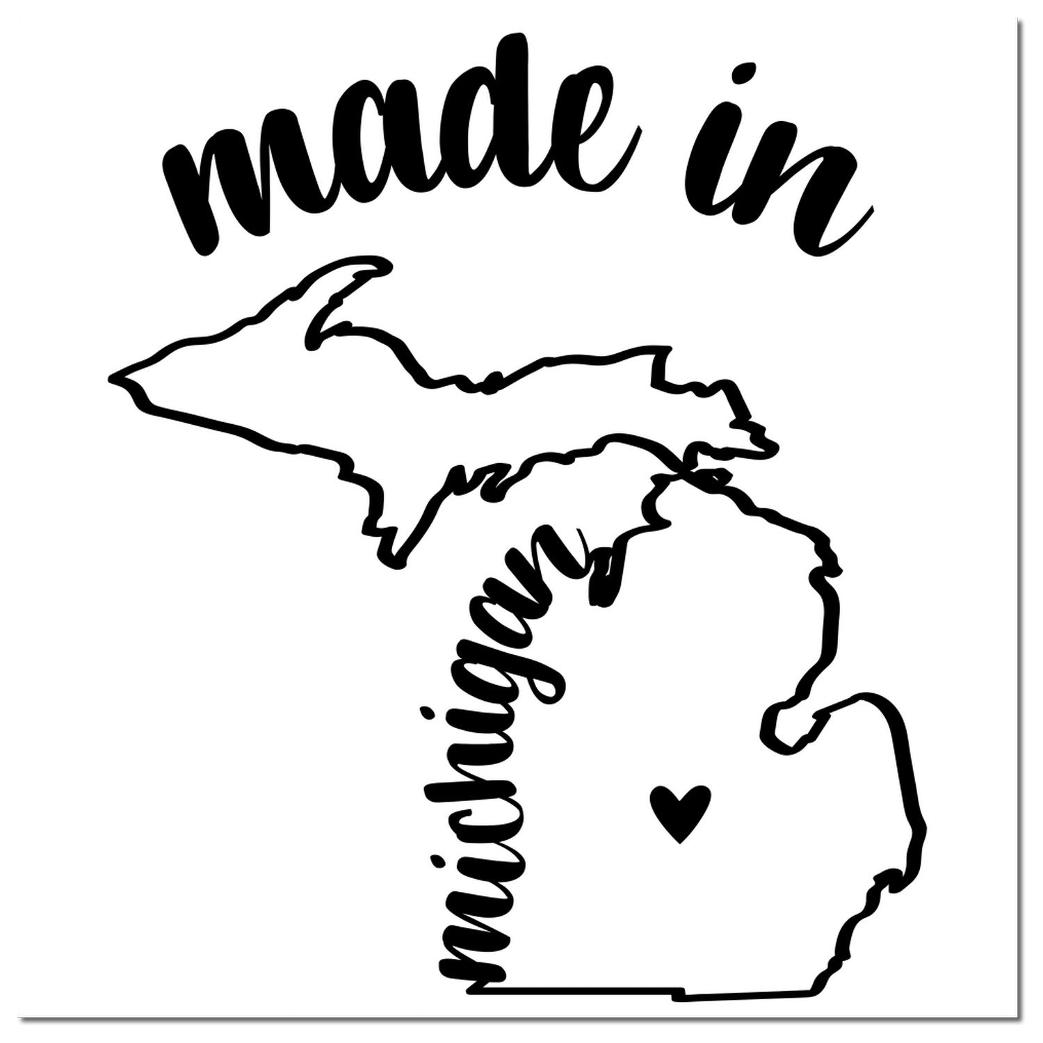 Made in Michigan Stamp Pre-Inked featuring a black outline of Michigan with 'made in' above and 'Michigan' along the state, plus a heart symbol. Perfect for crafts and branding.