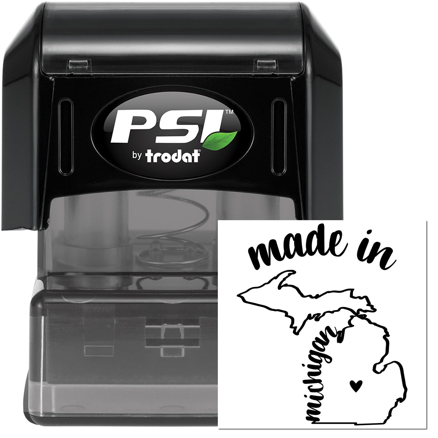 Made in Michigan Stamp Pre-Inked, featuring a black casing with a map outline of Michigan and 'made in' text, ideal for crafting and branding.