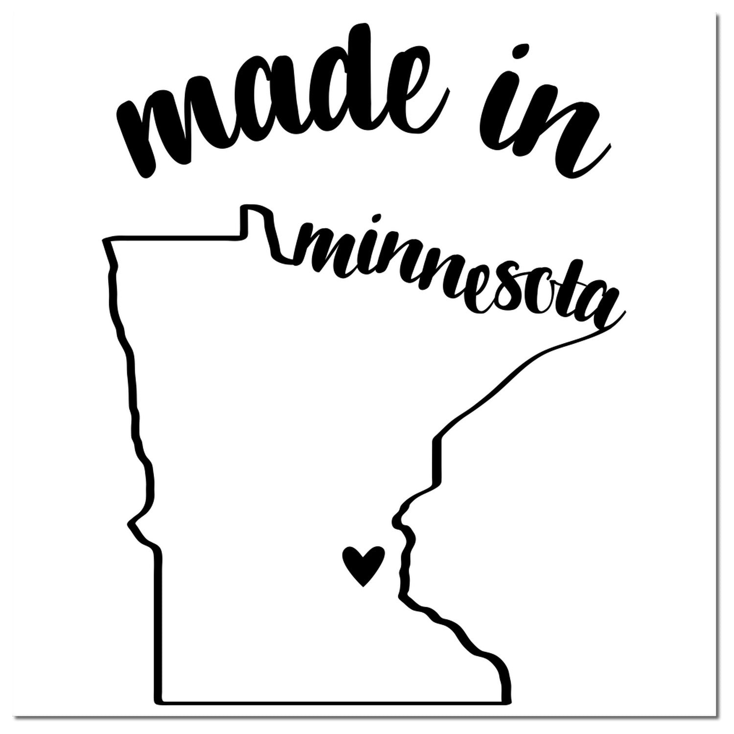 Made with Love in Minnesota Rubber Stamp featuring a black outline of Minnesota with 'made in' and 'Minnesota' text, and a heart symbol. Perfect for crafts and gifts.