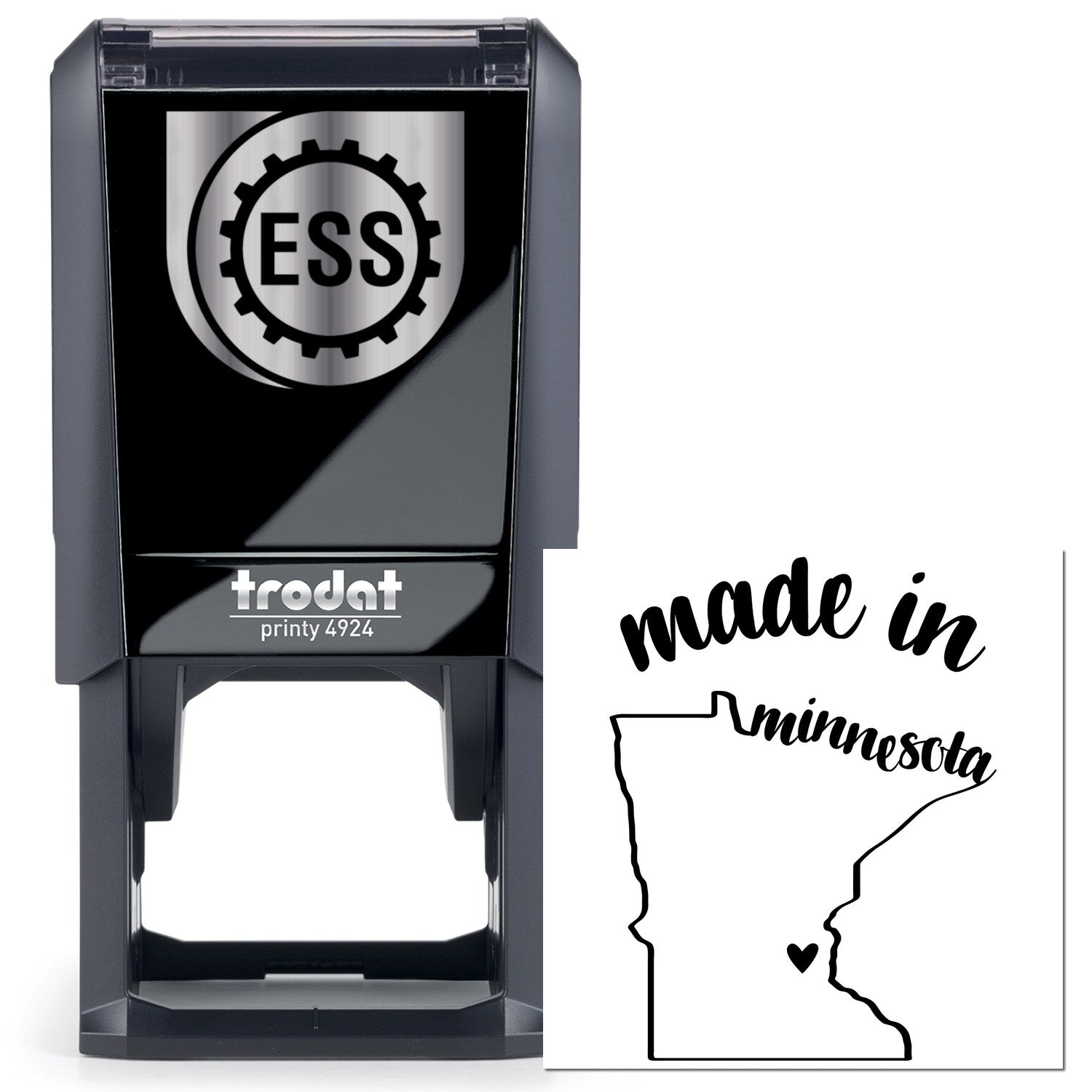 Self-Inking Handmade with Love in Minnesota Stamp featuring a sleek black design with ESS logo, and a made in Minnesota imprint with state outline and heart. Perfect for crafts and gifts.