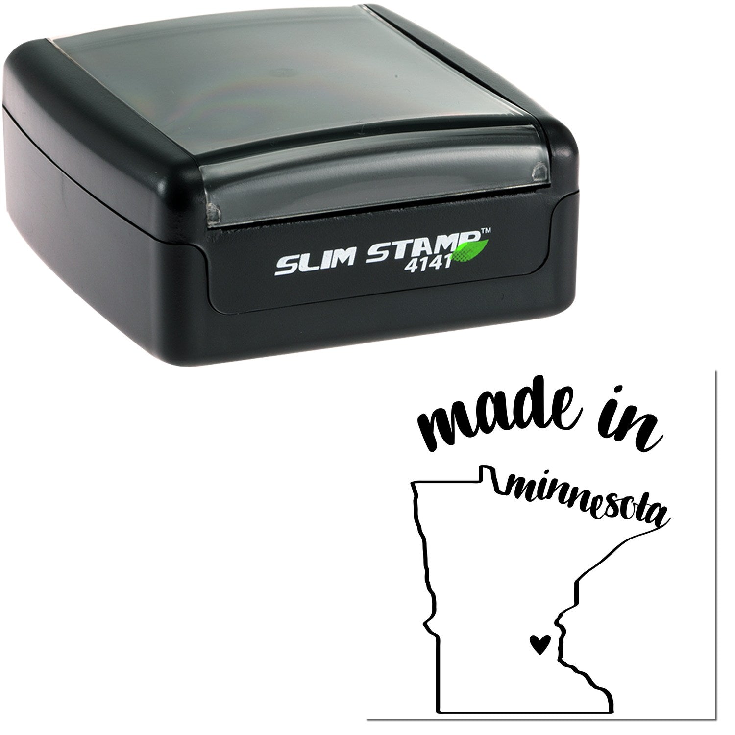 Slim Pre-Inked Stamp Minnesota Made in Stamp, black casing, compact design, with made in Minnesota imprint featuring state outline and heart. Perfect for efficient, clean stamping.