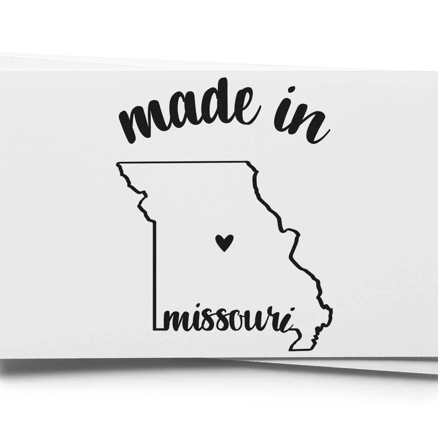 Slim Pre-Inked Stamp Missouri Made in Stamp featuring a black outline of Missouri with 'made in' text above and 'missouri' below, perfect for crafting and personalization.