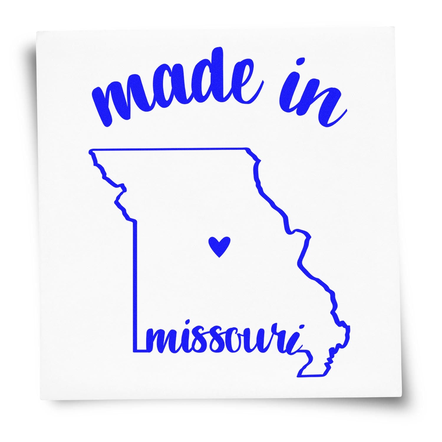 Slim Pre-Inked Stamp Missouri Made in Stamp featuring a blue outline of Missouri with 'made in' text above and 'missouri' below, centered with a heart. Perfect for crafts and gifts.