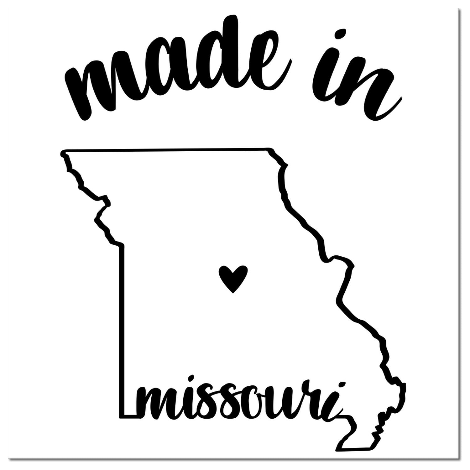 Self-Inking Handmade with Love in Missouri Stamp featuring a heart inside the state outline with 'made in missouri' text. Perfect for crafts and gifts. Black ink imprint.