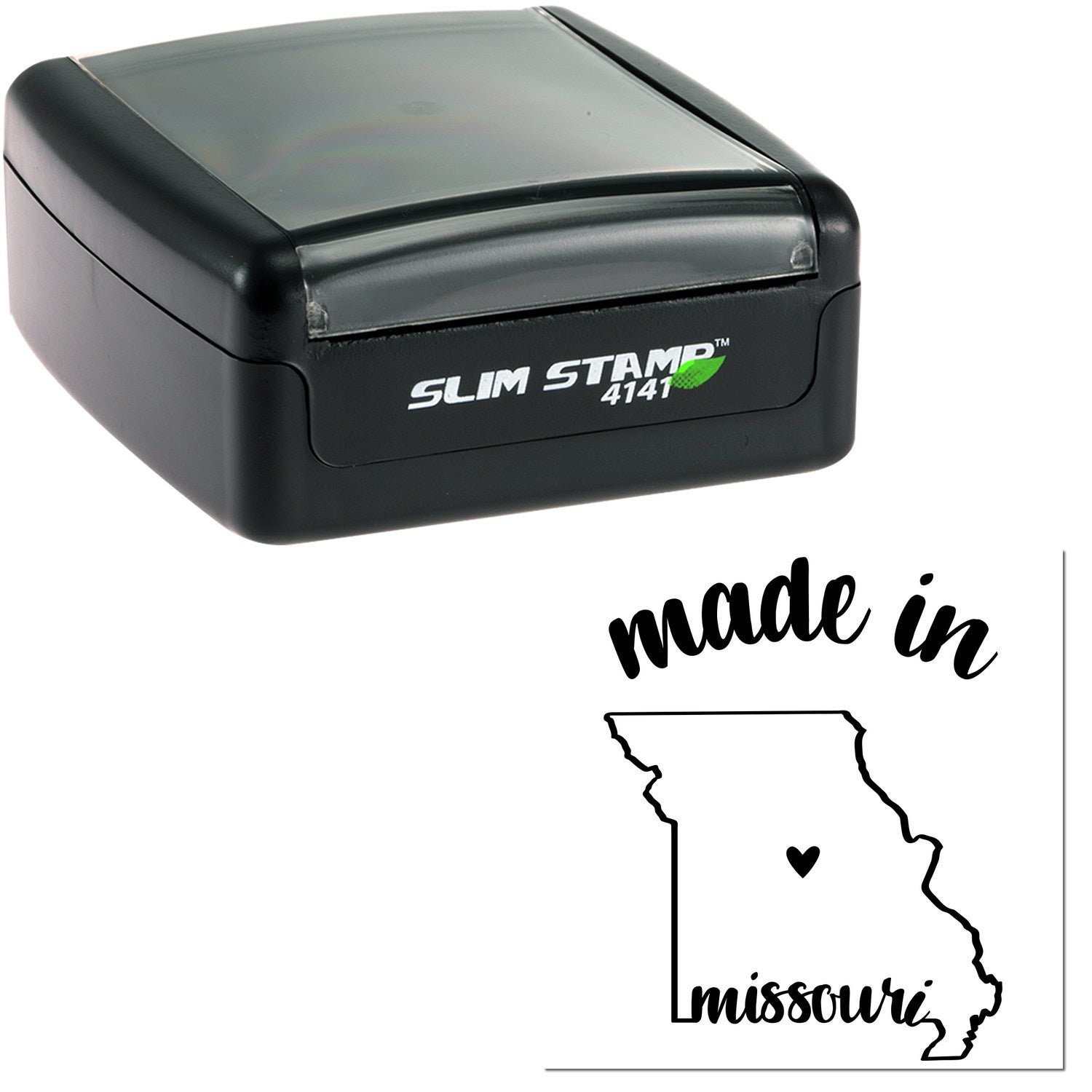 Slim Pre-Inked Stamp Missouri Made in Stamp, featuring a sleek black design with 'made in Missouri' and state outline. Compact and efficient for stamping needs.