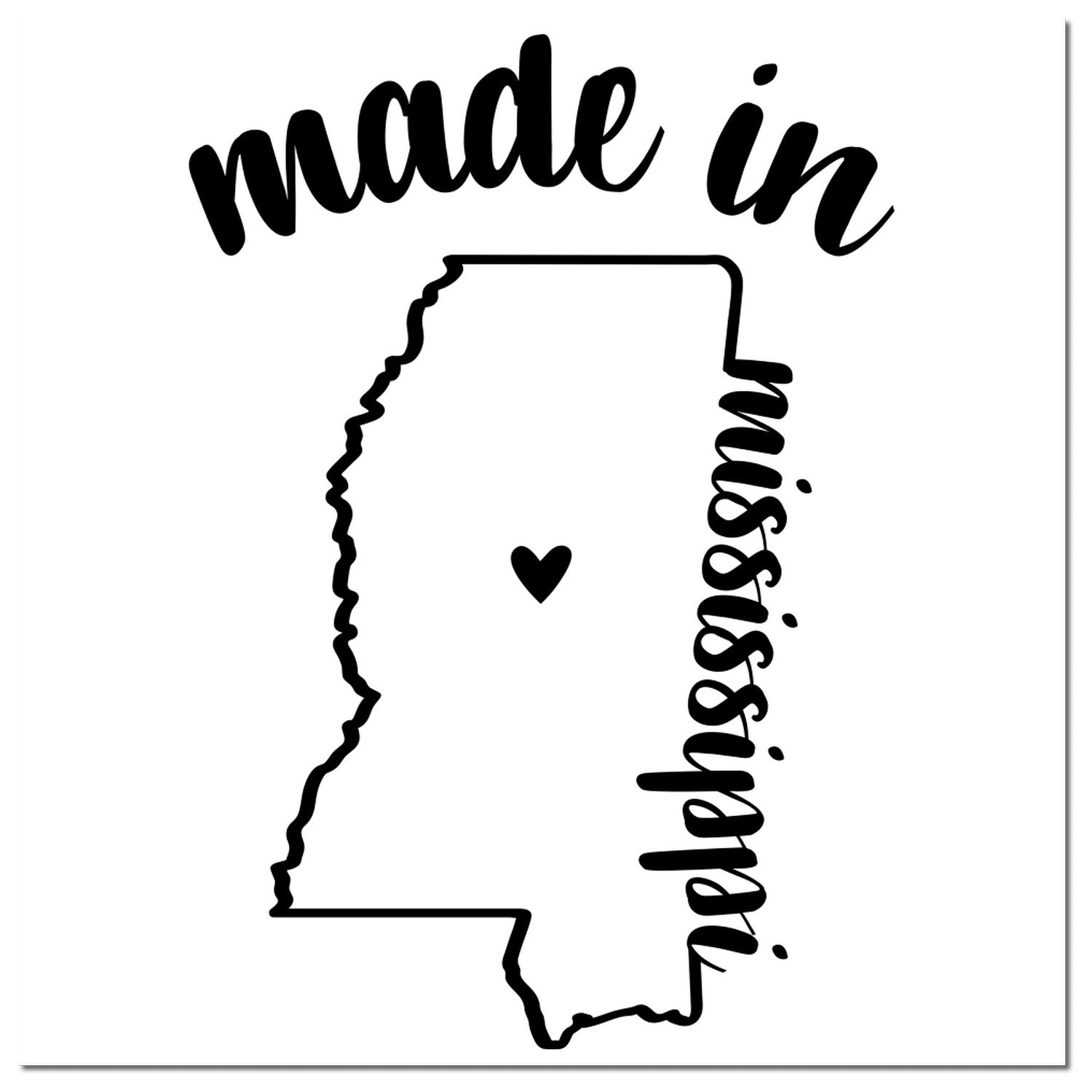 Made with Love in Mississippi Rubber Stamp featuring a heart inside the state outline with 'made in' text above. Perfect for crafts and personalized projects.