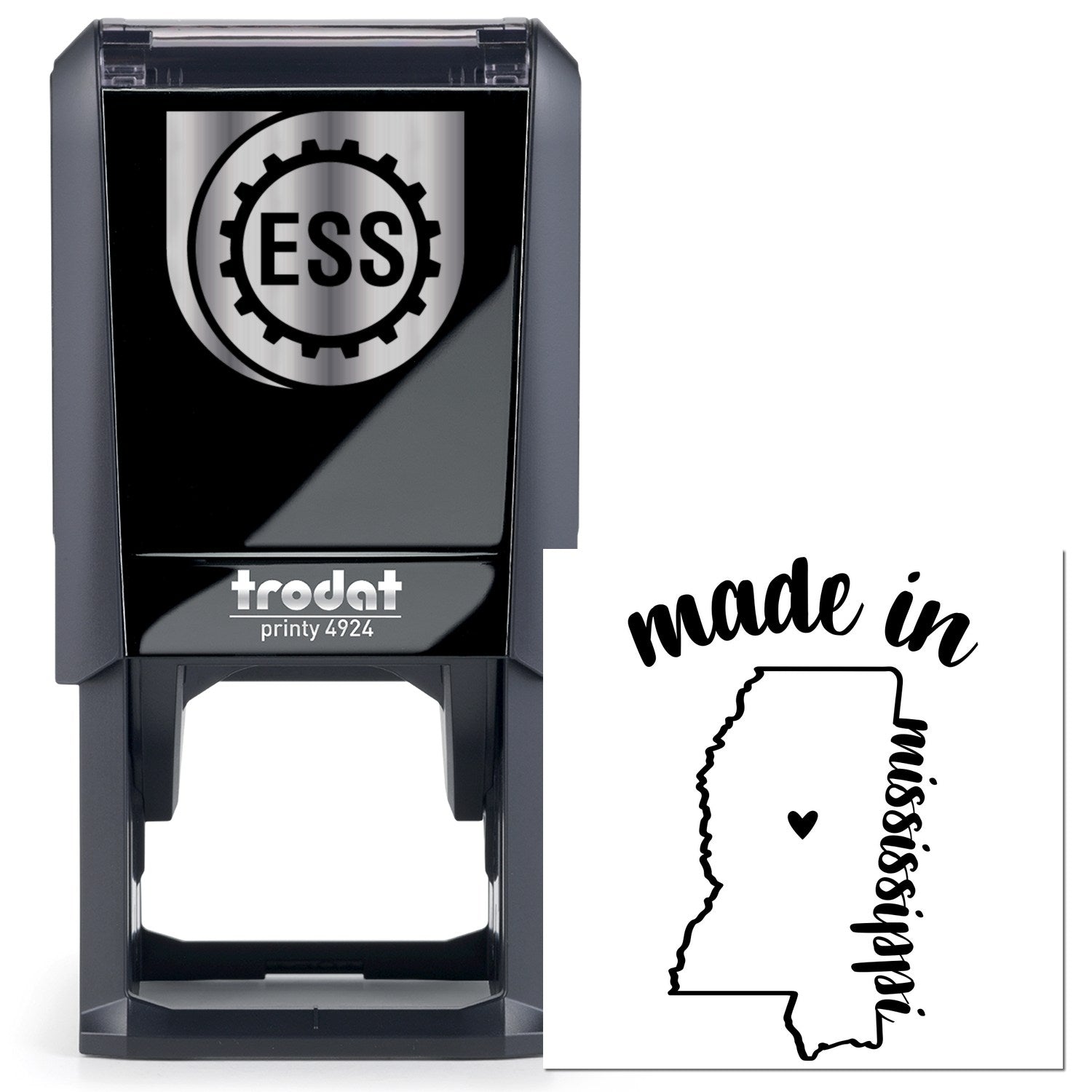 Self-Inking Handmade with Love in Mississippi Stamp featuring a sleek black design with ESS logo, perfect for adding a personal touch to crafts and gifts.