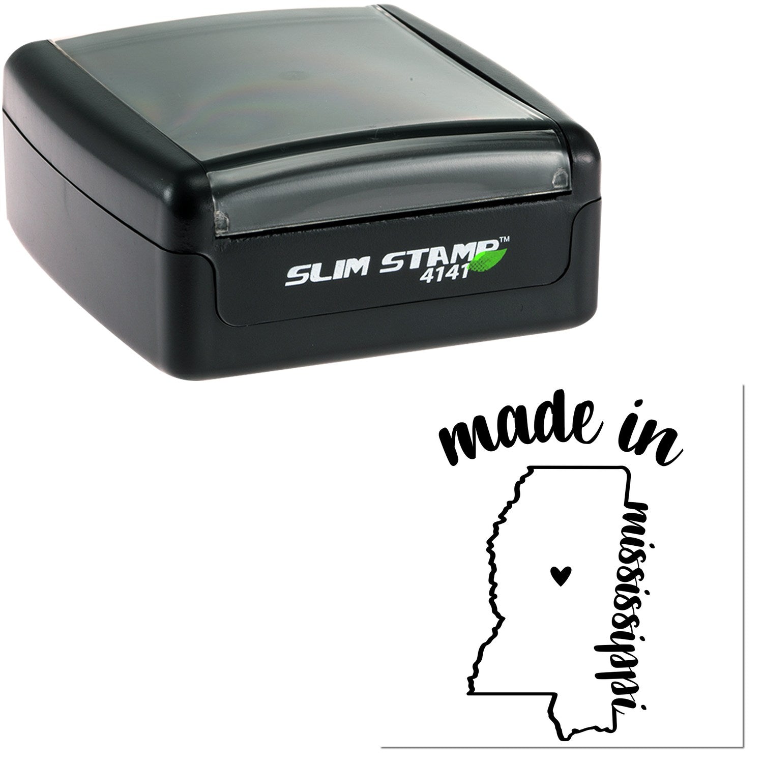 Slim Pre-Inked Stamp Mississippi Made in Stamp, black casing, compact design, featuring 'made in Mississippi' with state outline and heart graphic.