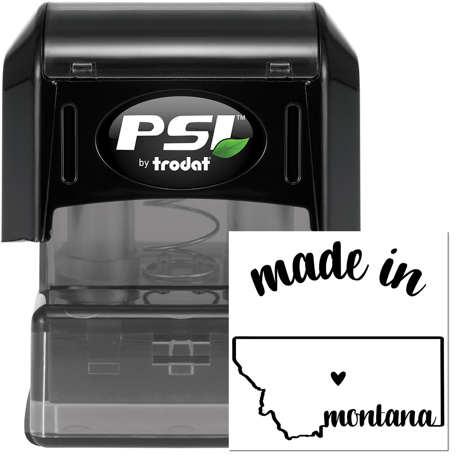 Made in Montana Stamp Pre-Inked, featuring a black casing with 'PSI by Trodat' logo, and a stamp design showing the outline of Montana with 'made in' and 'montana' text.