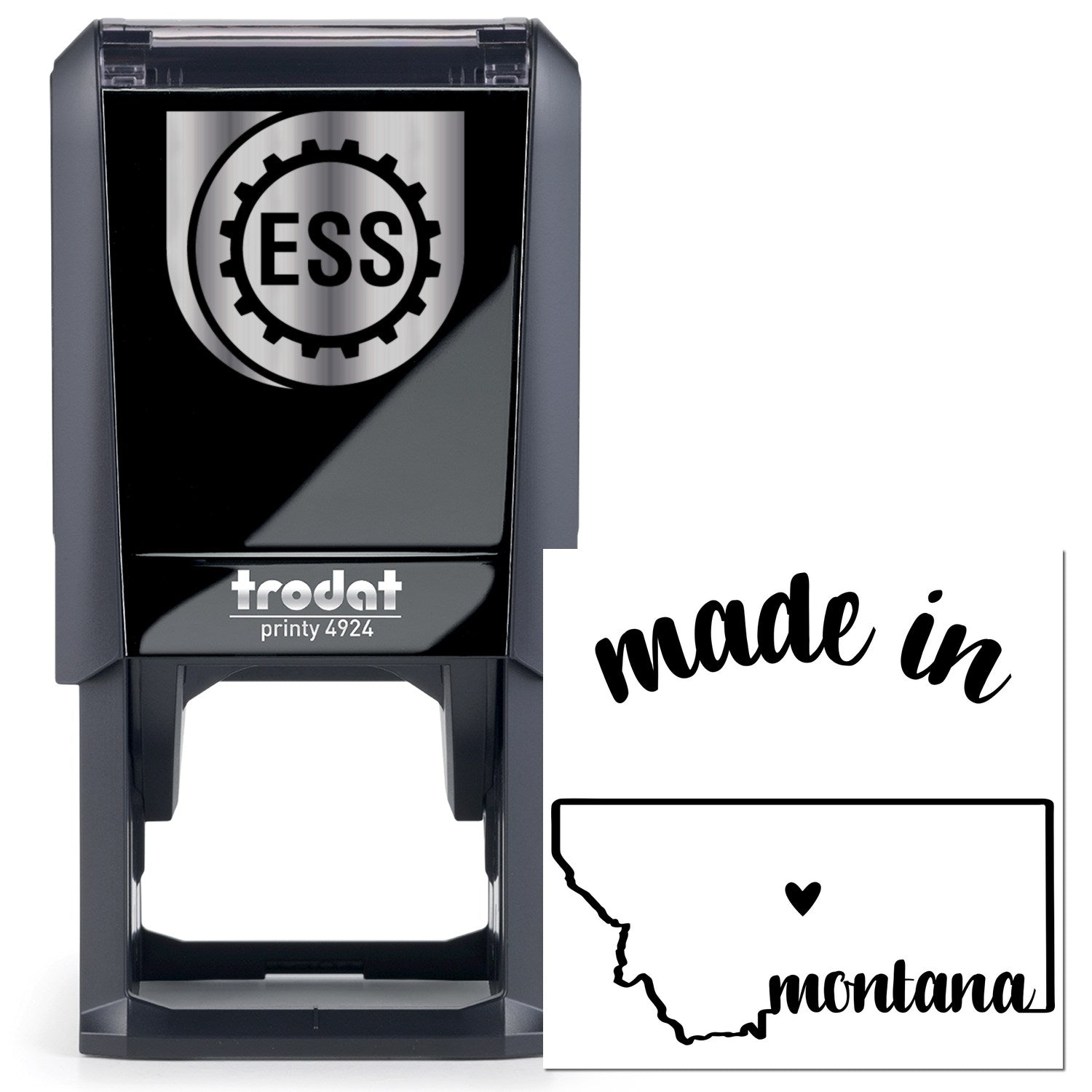 Self-Inking Handmade with Love in Montana Stamp featuring a black casing and made in Montana design with heart and state outline. Perfect for crafts and personalized projects.