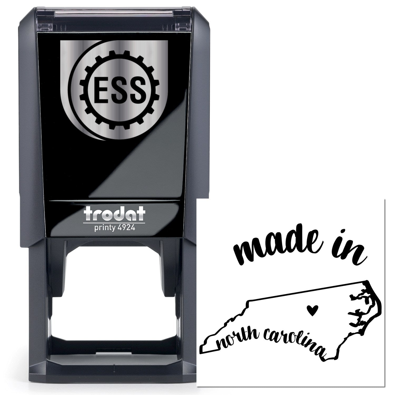 Self-Inking Handmade with Love in North Carolina Stamp featuring a sleek black design with ESS logo and made in North Carolina imprint. Perfect for crafts and personalized projects.