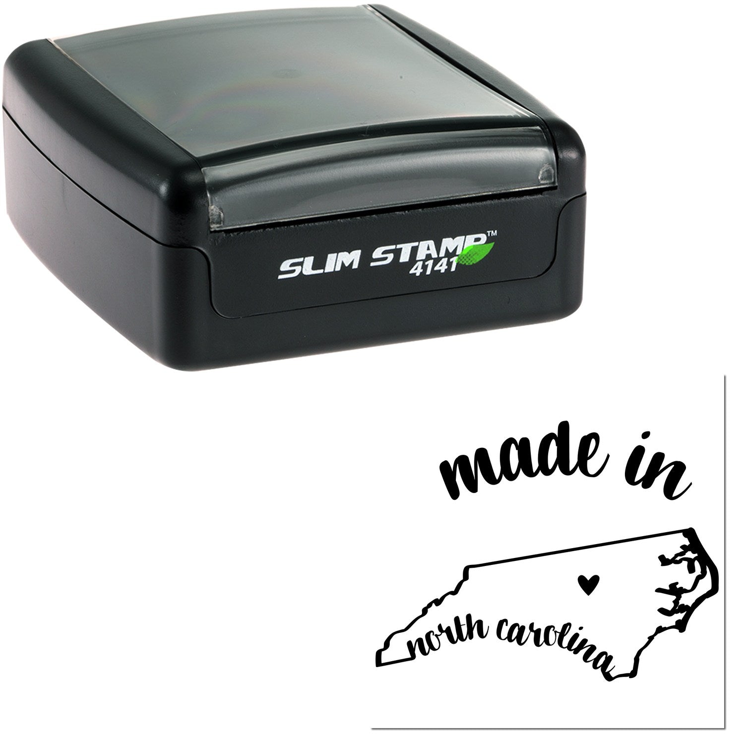 Slim Pre-Inked Stamp North Carolina Made in Stamp, featuring a sleek black design with 'Slim Stamp 4141' branding and a 'Made in North Carolina' imprint with state outline.